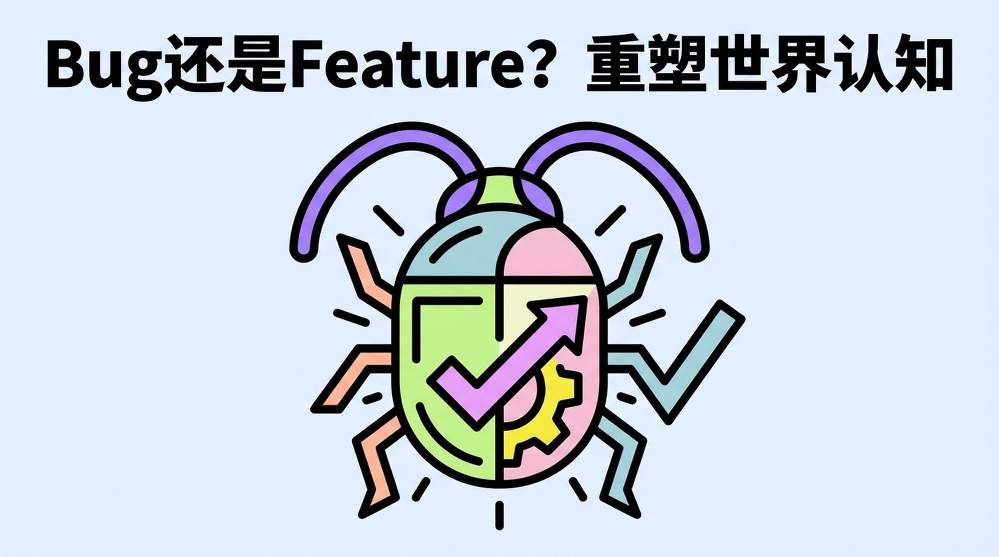 一个巨大的“Bug”符号，通过光学错觉或艺术手法，看起来又像一个“Feature”。代表了对固有认知的颠覆和重新定义。