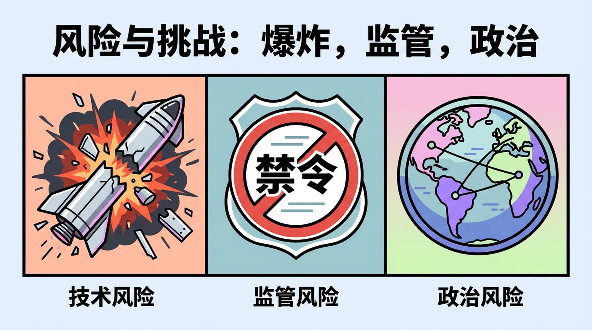 爆炸的星舰残骸，与联邦航空管理局（FAA）的禁令标志，以及代表国家主权和国际政治的地球仪图标并置。画面紧张，突出风险。