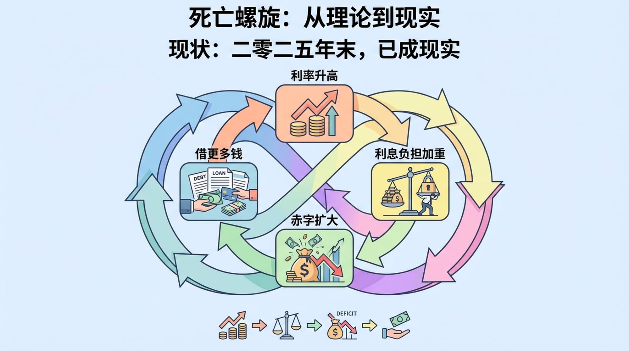 一个无限循环的螺旋，箭头指向“利率升高”、“利息负担加重”、“赤字扩大”、“借更多钱”，最终回到“利率升高”。