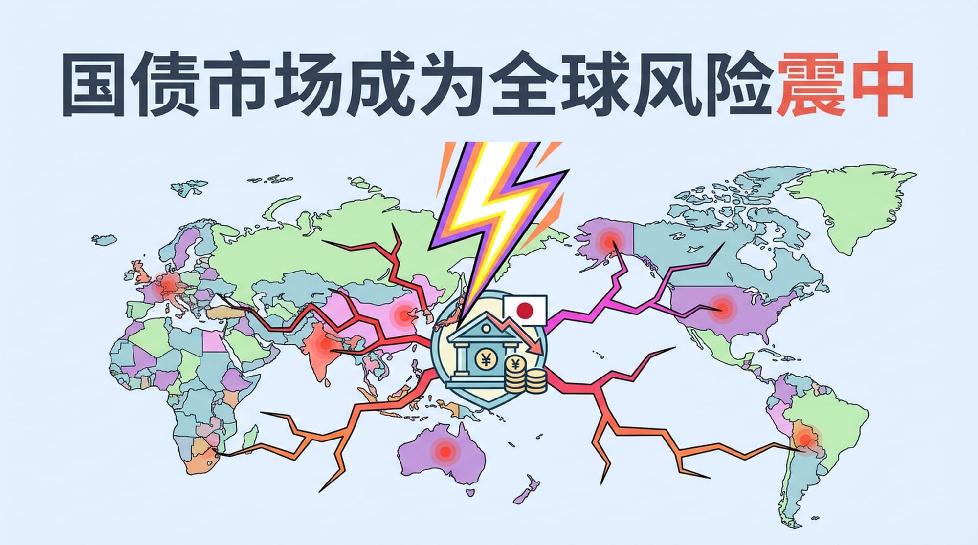 一个闪电击中日本国债市场的图标，周围的全球金融地图上出现裂纹。标题突出“震中”一词。