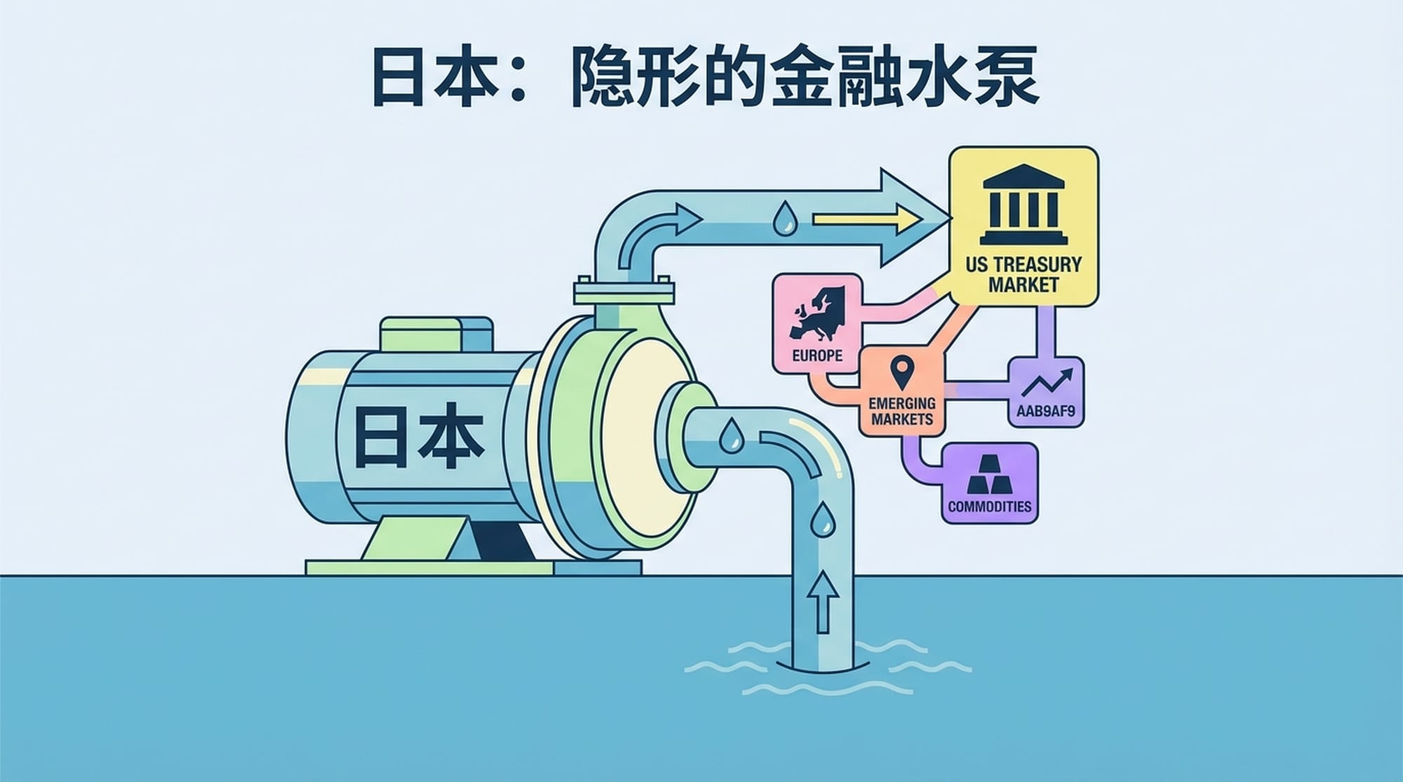 巨大的水泵，管道深入大海，另一端连接着全球各地的金融市场，尤其是美国国债市场。水泵上标有“日本”字样。