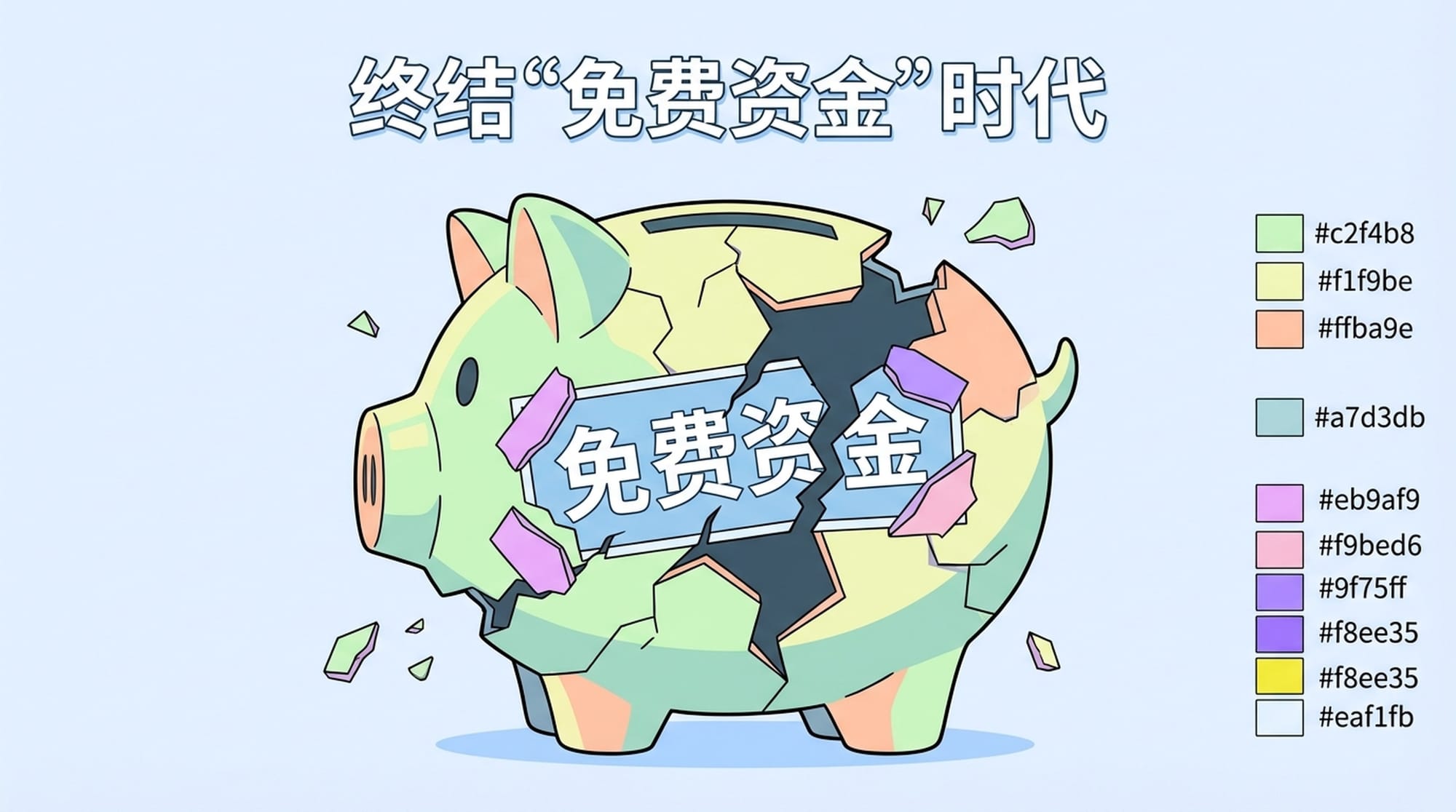 一个破碎的钱罐，里面不再有金币涌出，而是空空如也，罐子上方写着“免费资金”的标签，也布满裂痕。