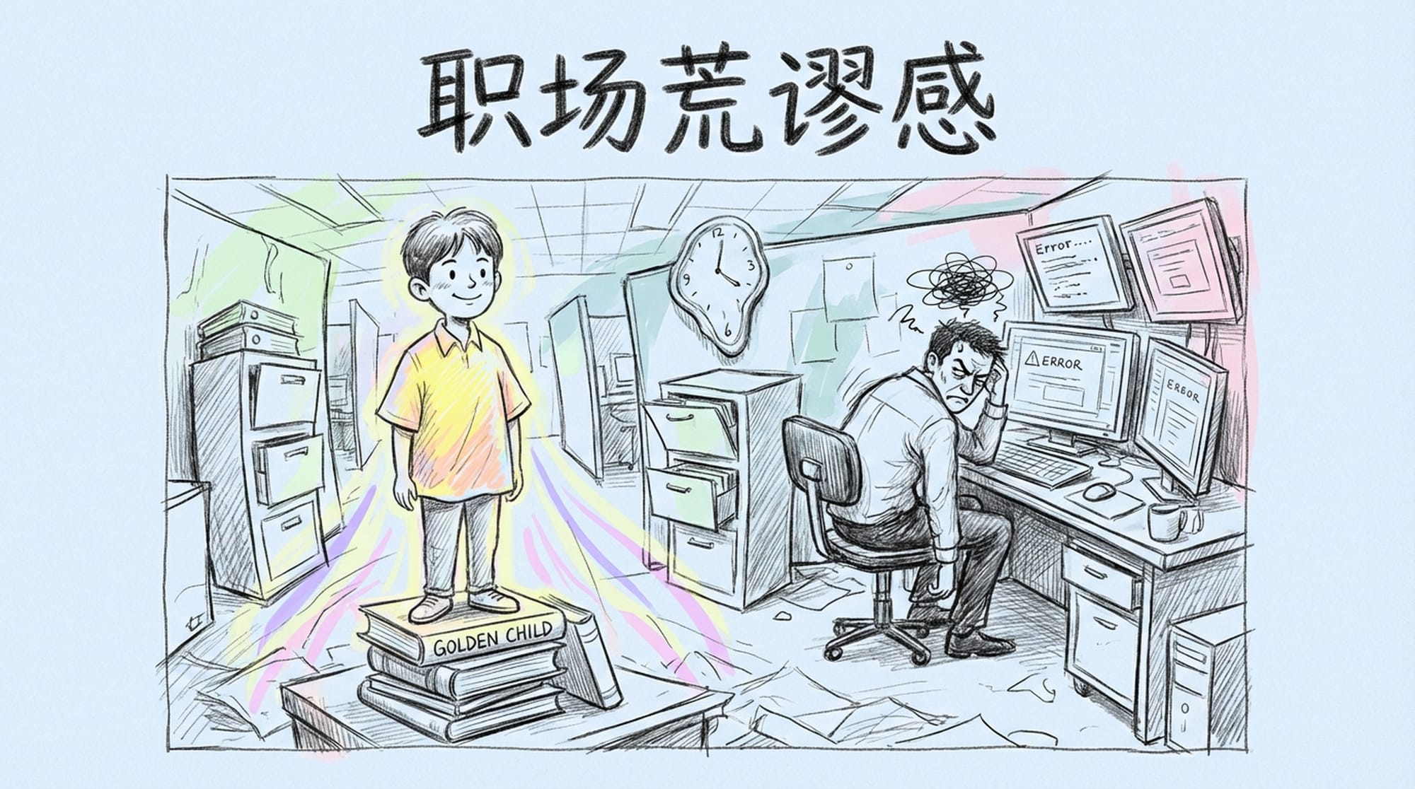 Distorted office environment with a frustrated engineer at a desk, a new 'golden child' figure in the foreground, surreal lighting. (English)