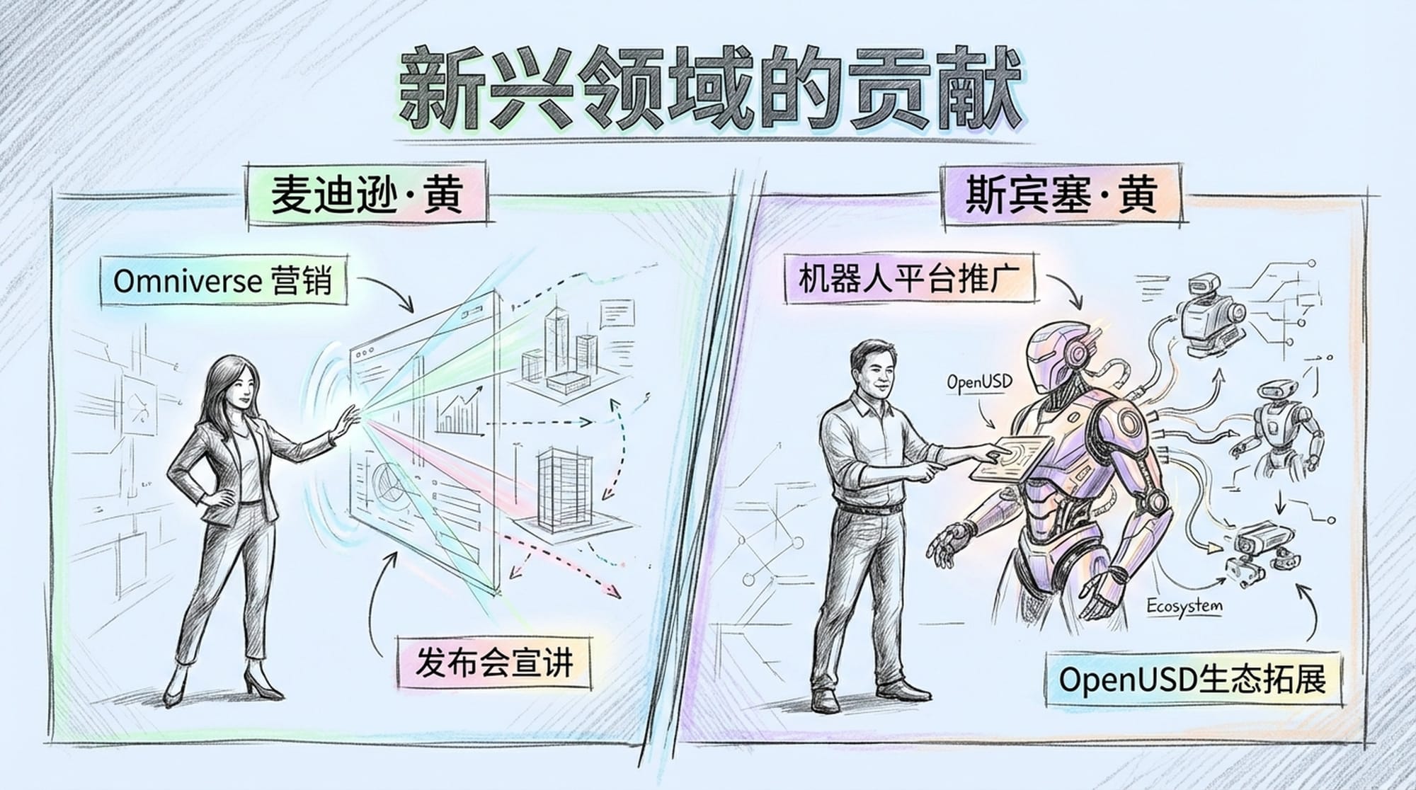 Madison and Spencer Huang standing confidently beside a holographic display of Omniverse and a sleek robot, showcasing their active roles. (English)