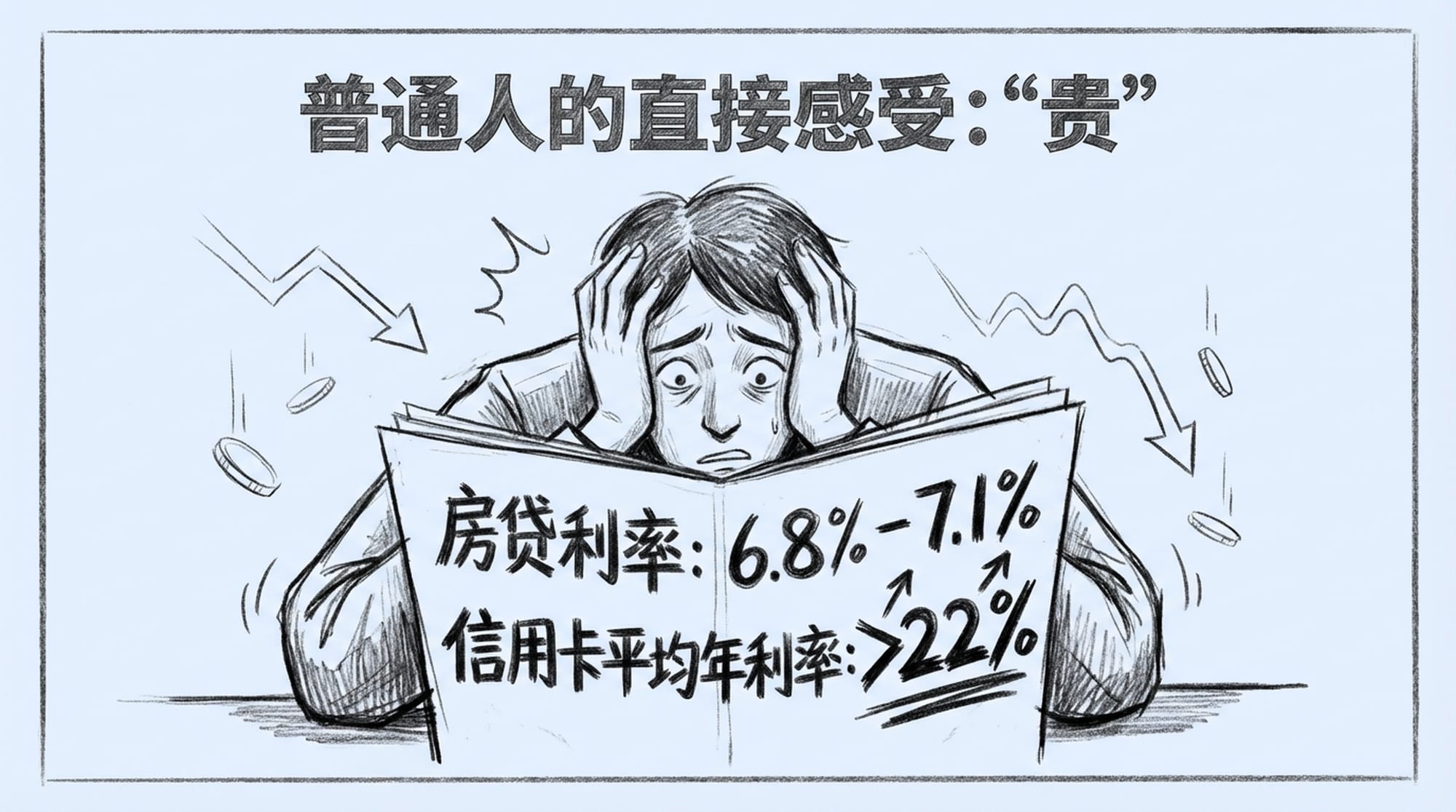 A person looking shocked at a bank statement or loan document, with large, bold numbers indicating high interest rates. A sense of financial burden. Dark, muted tones.