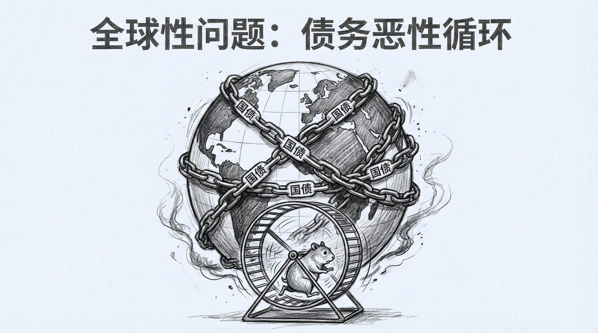 A globe covered in chains, each chain representing national debt. A hamster wheel implying a continuous, worsening cycle. Dark tones, sense of entrapment.