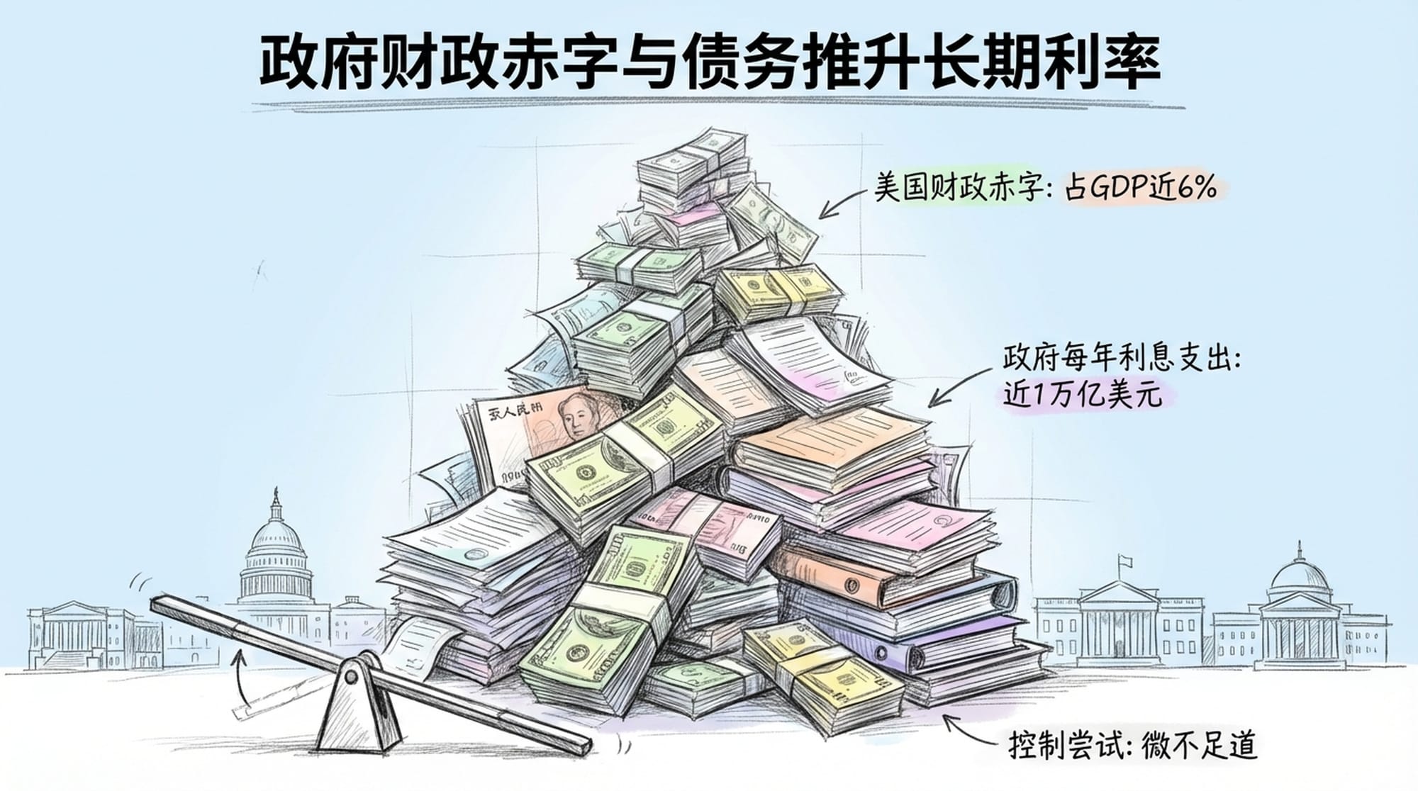 A towering mountain of debt (represented as stacks of currency and documents) in front of government buildings. A small lever trying to pull it down, ineffective. Overwhelmed atmosphere.