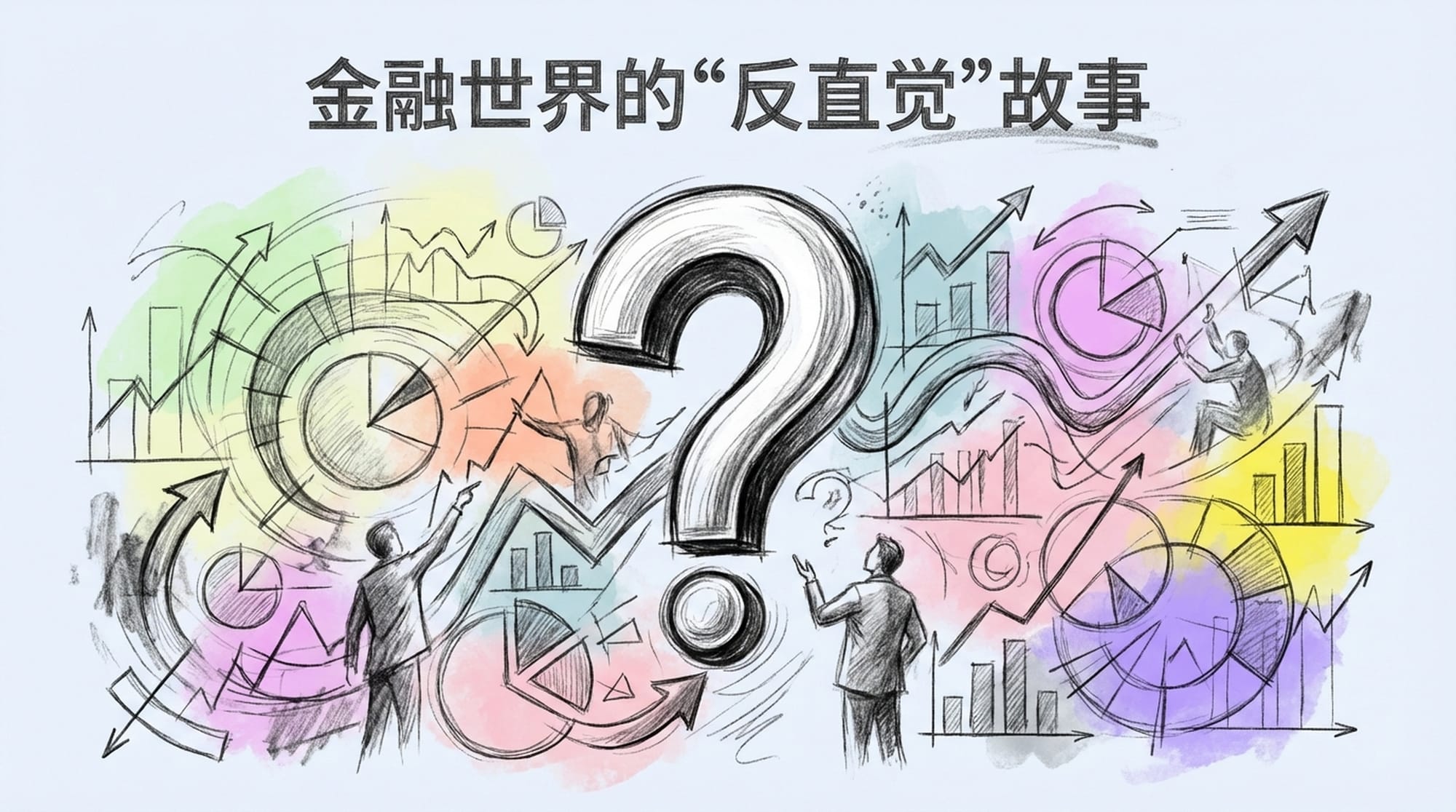 Abstract representation of financial markets, intertwining lines of charts and graphs, ghostly figures of traders, a large question mark looming over. Dark, mysterious atmosphere.