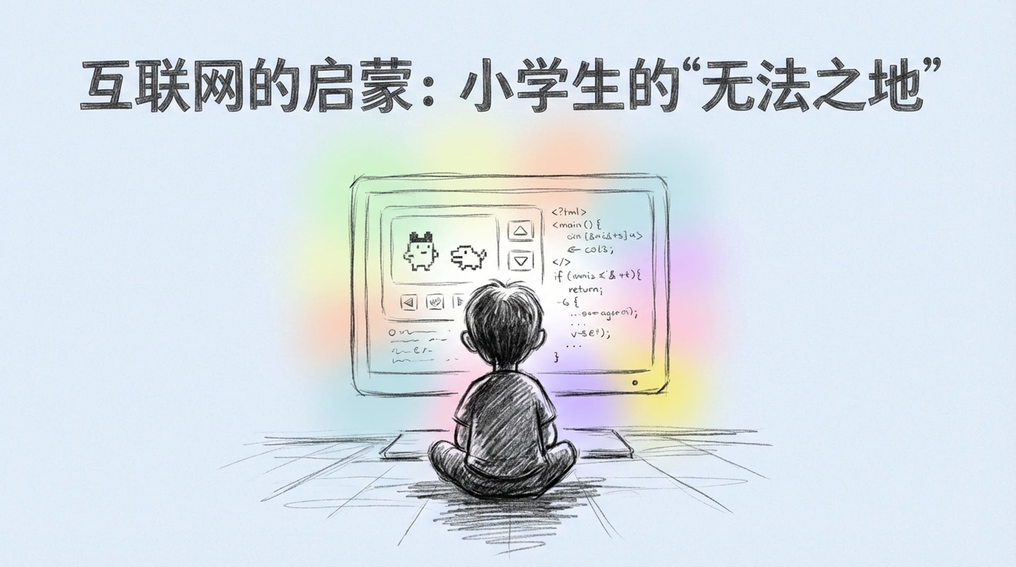 一个孩子的剪影被一个发光的电脑屏幕吸引，屏幕上显示着一个类似于Neopets的界面和代码行。数字丛林，无限的可能性。