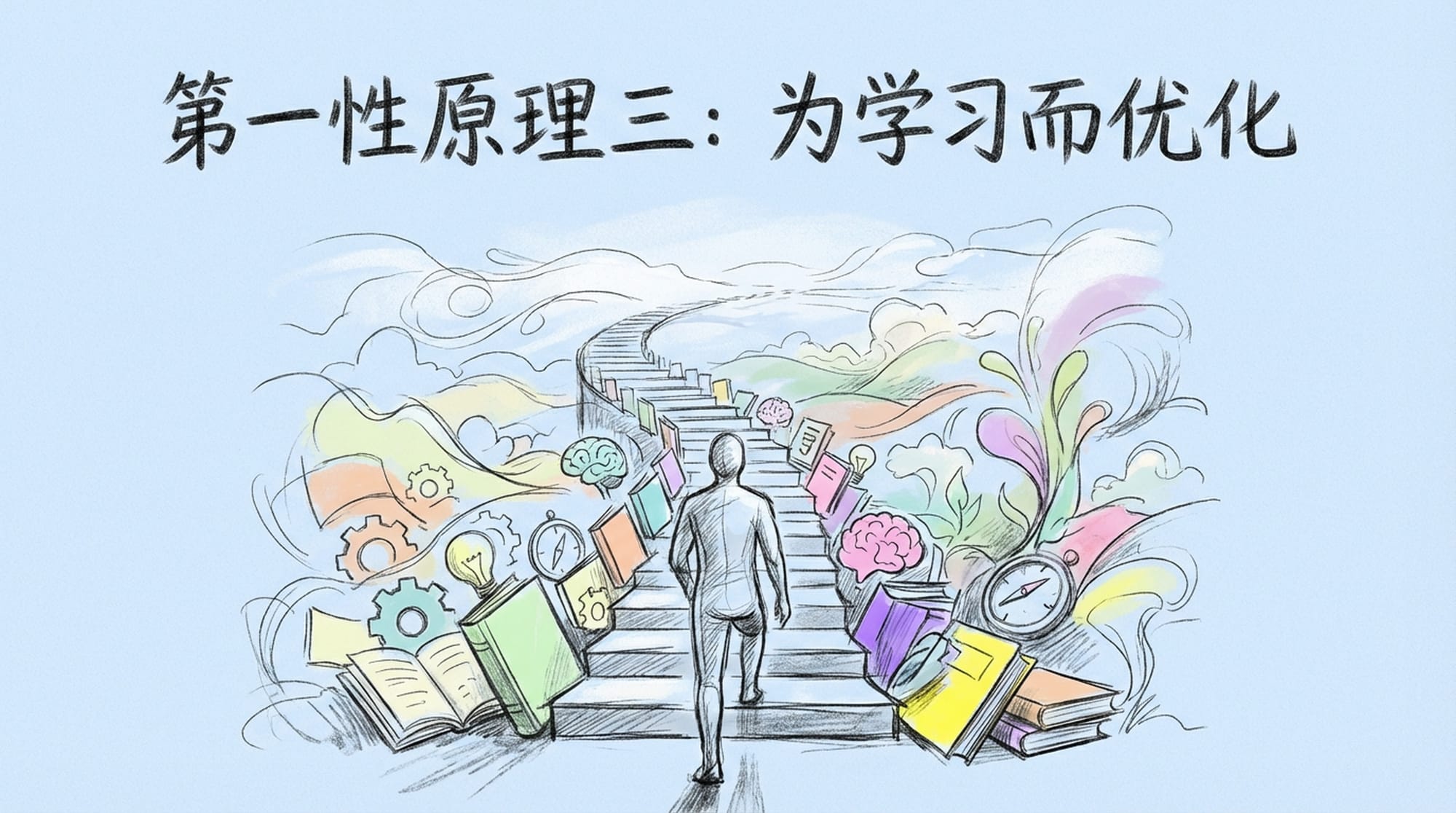 一个人攀登由书籍和知识符号组成的无限阶梯，总是向上看。台阶之外，是一片充满活力、不断变化的风景。文字：“为学习而优化”。