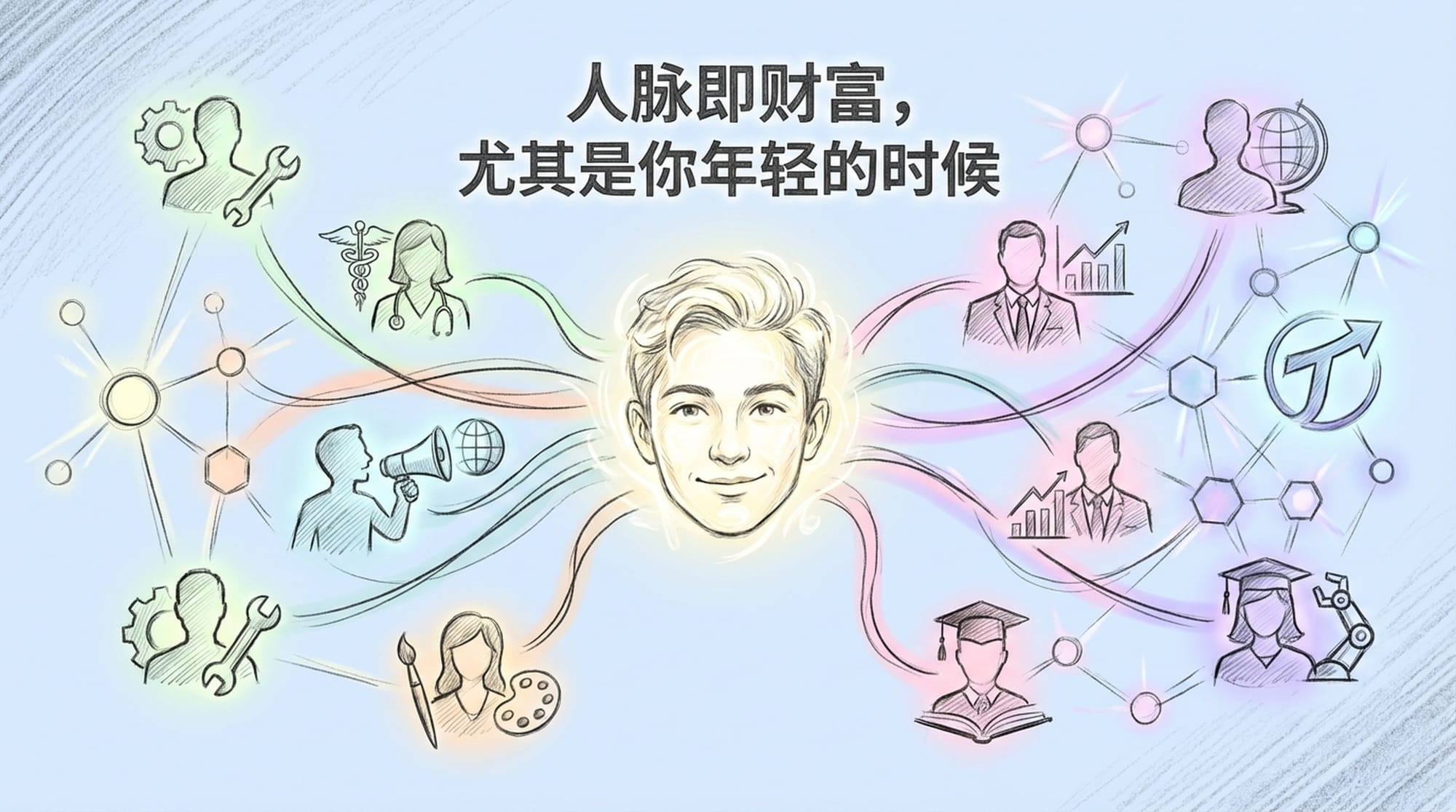 由发光节点和连接组成的网络，一个年轻而明亮的面孔居于中心，周围环绕着不同的专业人士剪影。“泰尔奖学金”标志隐约可见。文字：“人脉即财富，尤其是你年轻的时候。”