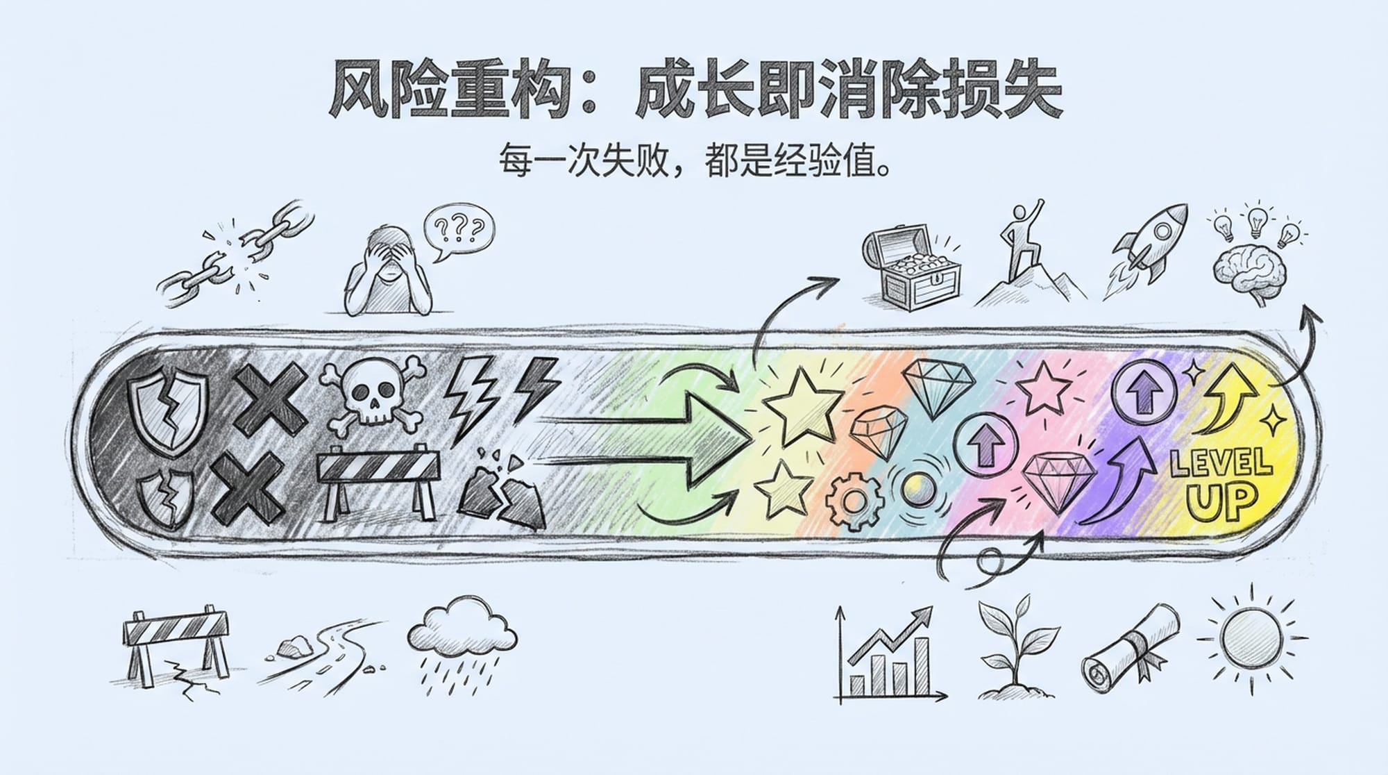 一个程式化的进度条或电子游戏中的升级动画。随着进度条的填充，小的“失败”图标会转化为“经验值”。强调学习和韧性。文本：“每一次失败，都是经验值。”