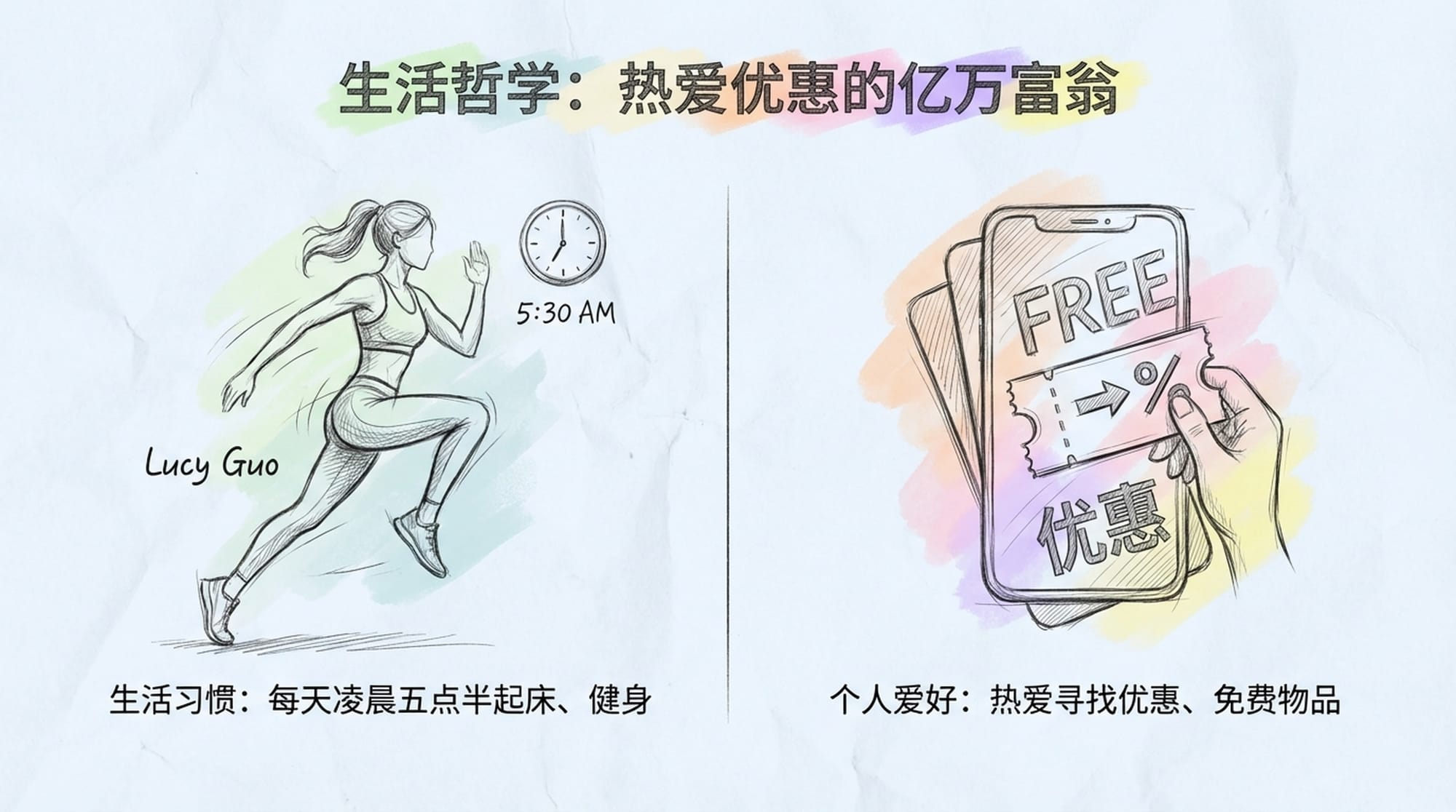 身穿运动服的露西·郭面带微笑，旁边是一个折扣券或免费物品的微妙视觉提示。这代表着尽管她很富有，但生活依然脚踏实地、注重实际。早晨例行公事的时钟显示为早上5:30。