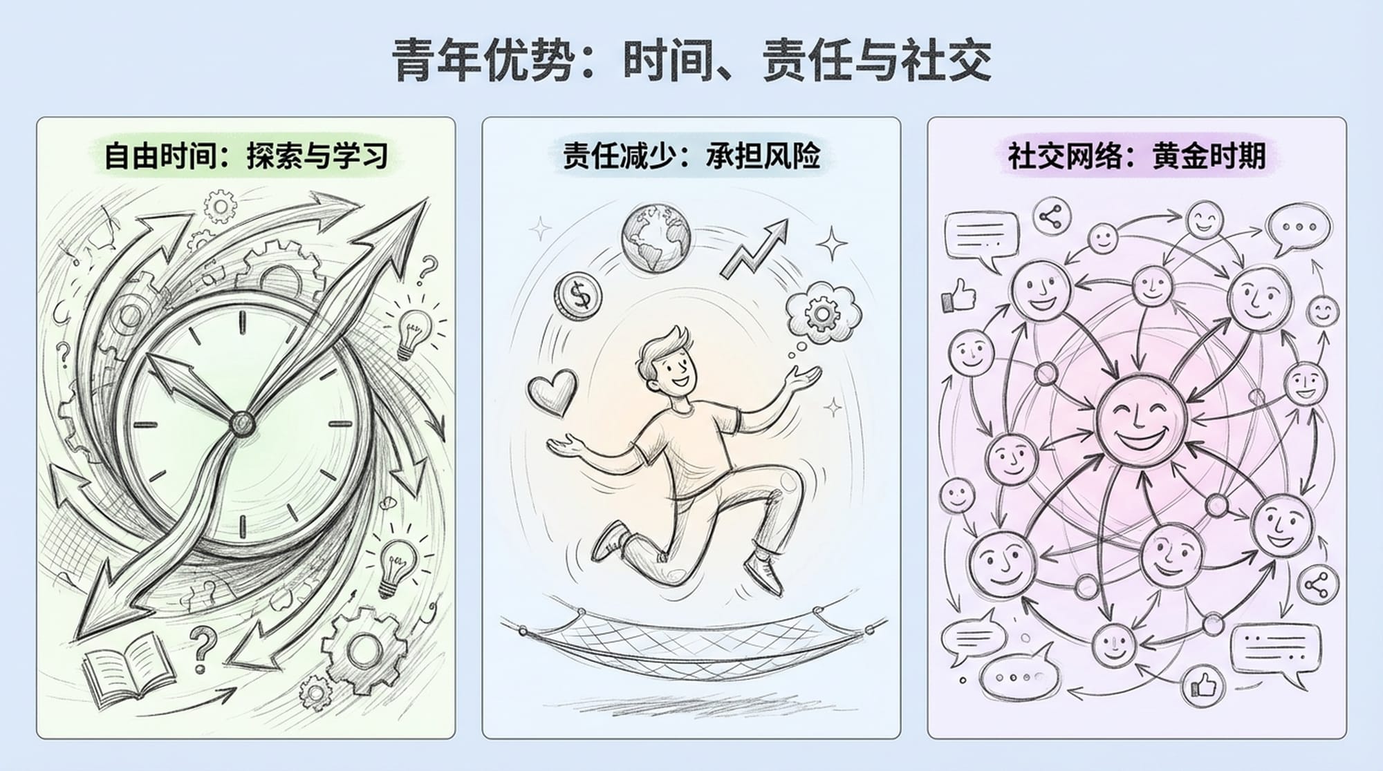 三个独立的面板：1) 一个时钟，其指针被拉伸、延长，背景充满活力，充满能量 (时间充裕)。2) 一个人玩耍着抛接东西而没有掉落，象征着没有沉重的负担 (责任较轻)。3) 一个由不同面孔组成的动态网络，面带微笑地连接在一起 (社交网络建设)。