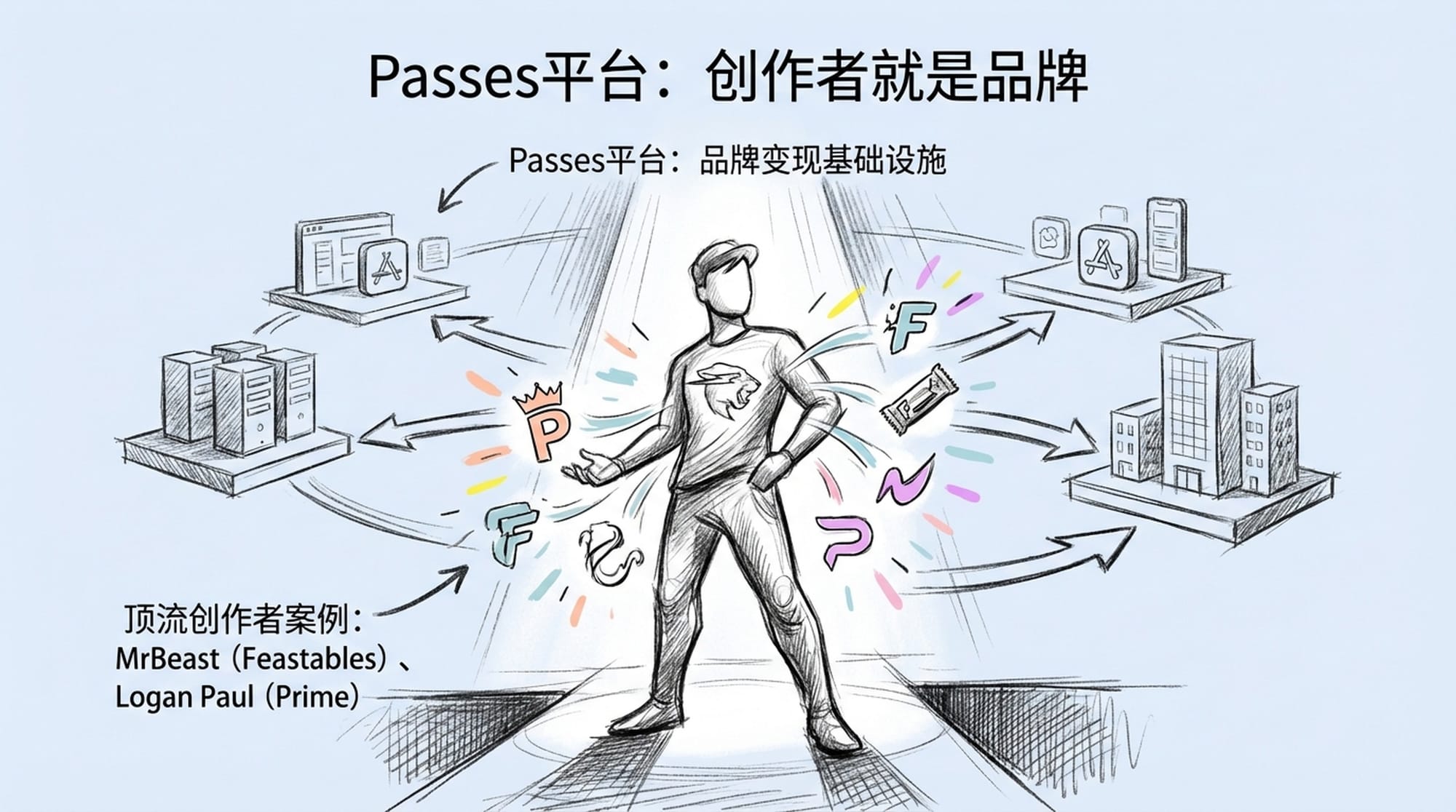 聚光灯照射在一个数字创作者身上，其影响力周围环绕着发光的品牌标志。平台和公司在背景中，规模较小且起到辅助作用。