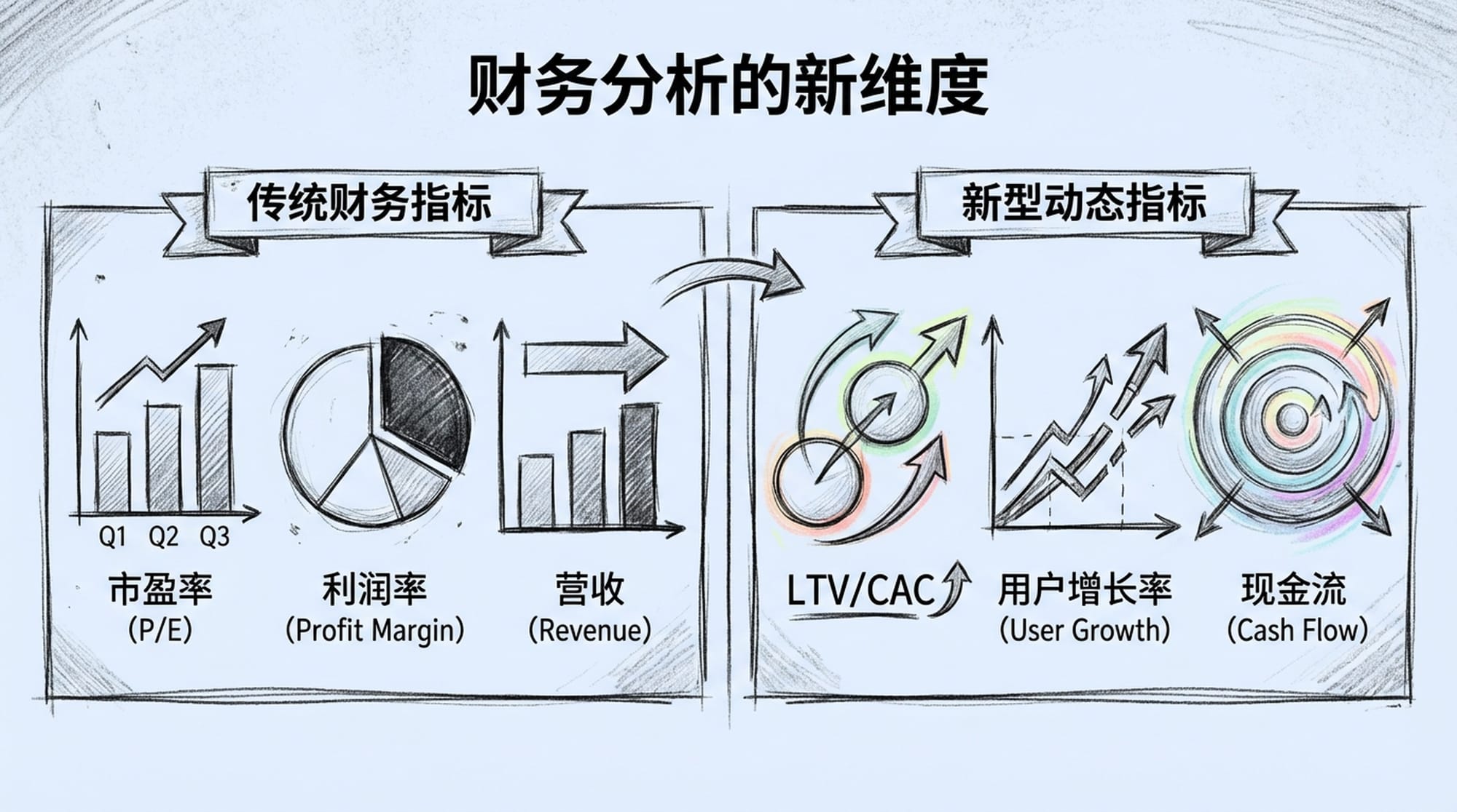 A financial dashboard showing typical metrics (P/E, Profit) being overshadowed by dynamic, new metrics like LTV/CAC, User Growth, Cash Flow. Focus on evolution.