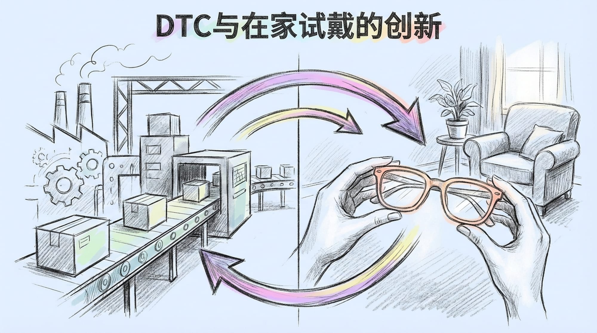 A split screen: left showing a traditional factory line, right showing hands holding various eyeglasses in a cozy home environment. Arrows indicating Direct-to-Consumer flow.