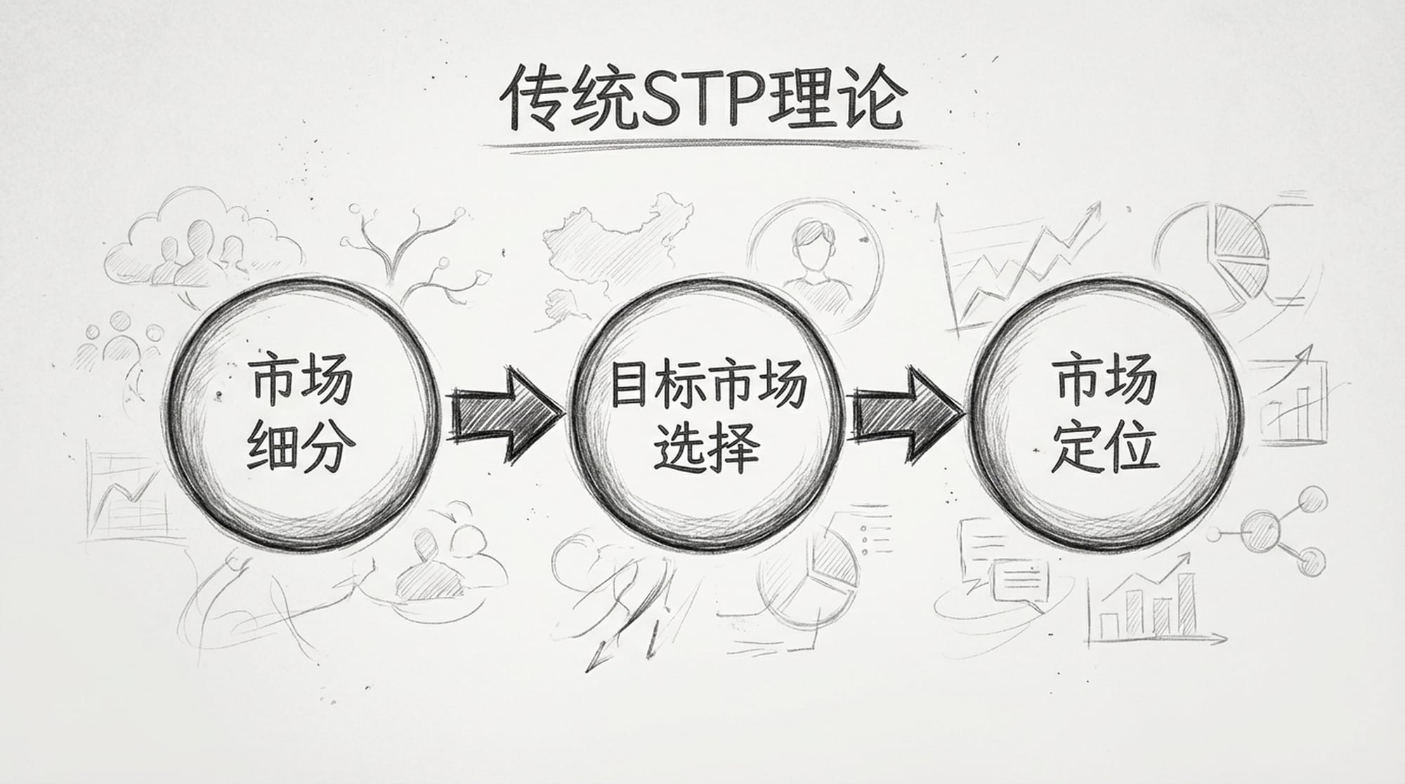Three interconnected circles labeled 'Segmentation', 'Targeting', 'Positioning' with arrows indicating a linear flow, surrounded by faded traditional marketing imagery.