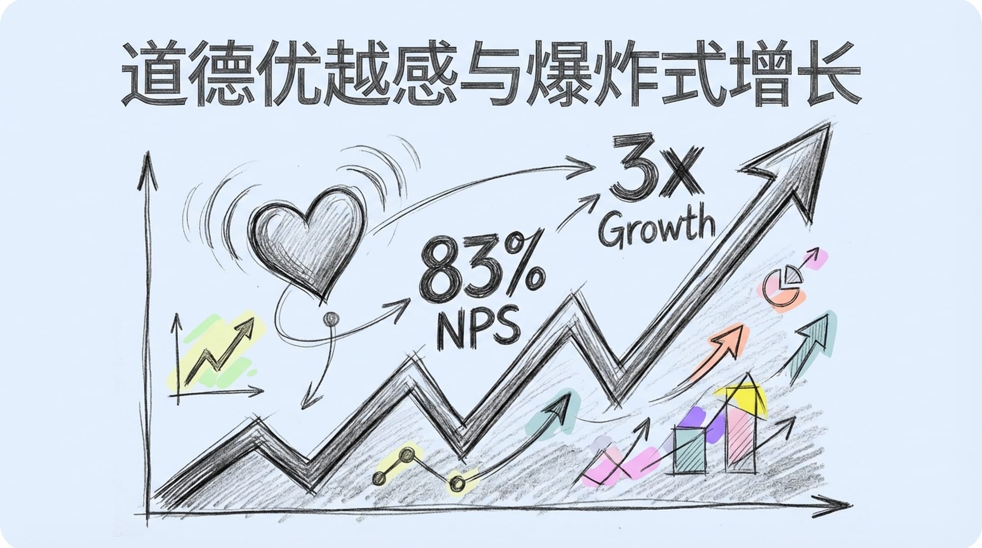 A rising line graph with a large percentage '83% NPS' and '3x Growth' displayed prominently, visually linked to a heart icon, symbolizing emotional connection.