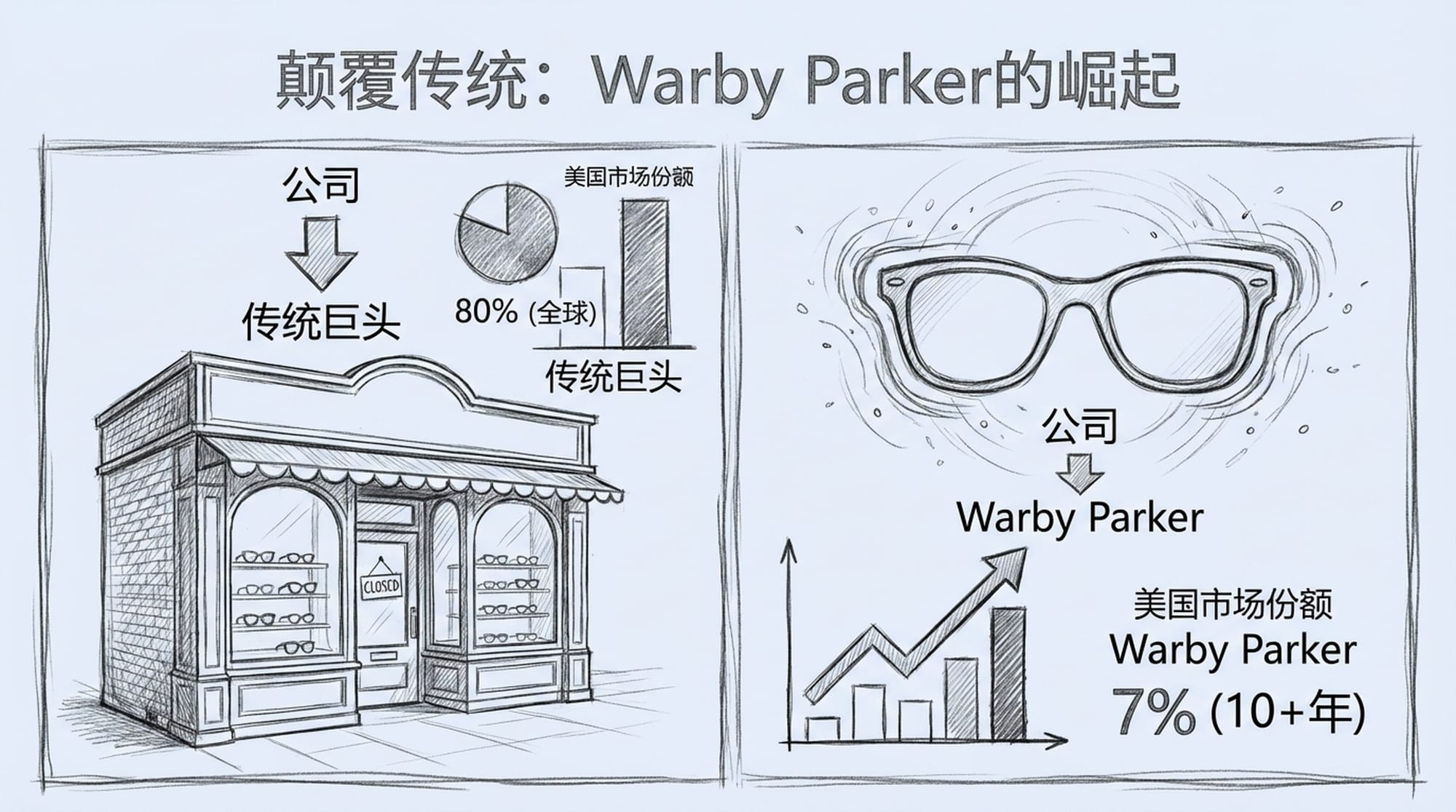 Stylized sunglasses with a subtle halo, infographic overlay showing market share growth, juxtaposed with a faded image of a traditional optical store.