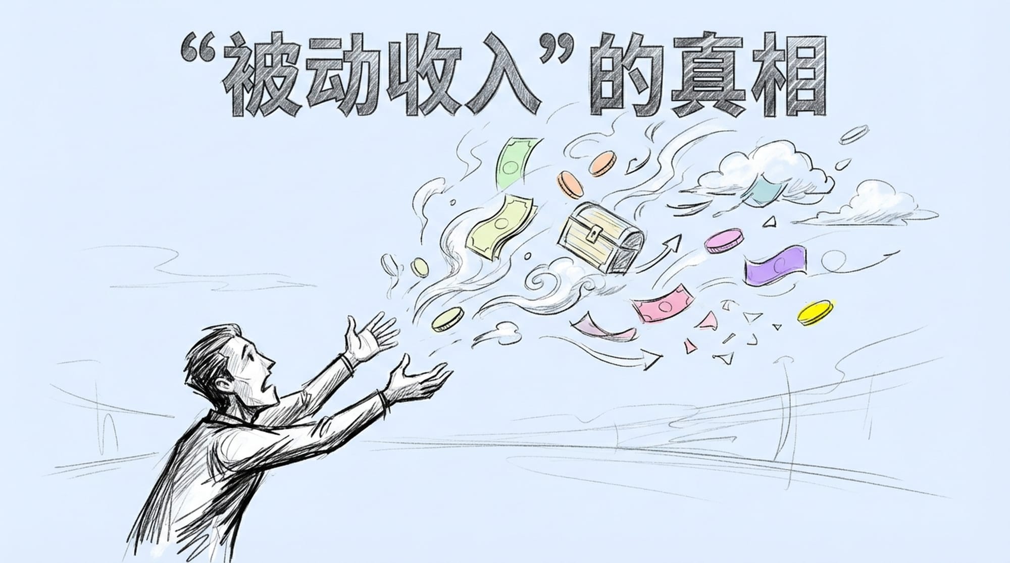 Person trying to catch money falling from sky, but money is dissolving before reaching hands. Slightly cynical, warm tone. (English)