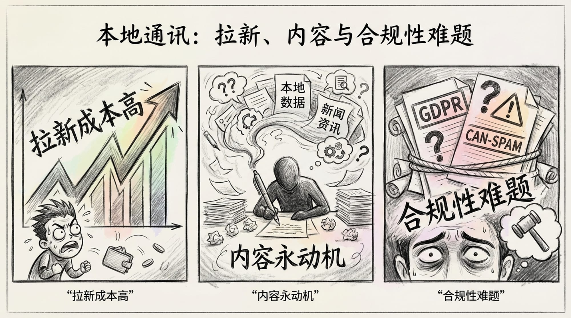Three panels: 1. Graph showing rising ad costs. 2. Person perpetually writing at a desk, surrounded by piles of unique local data. 3. Legal documents with 'GDPR' and 'CAN-SPAM' stamps. (English)