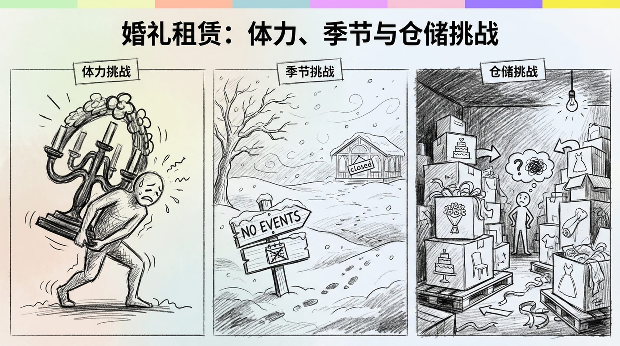 Three panels: 1. Person struggling to lift heavy wedding decorations. 2. Snowy landscape with a 'no events' sign. 3. Crowded, dark warehouse with boxes. (English)