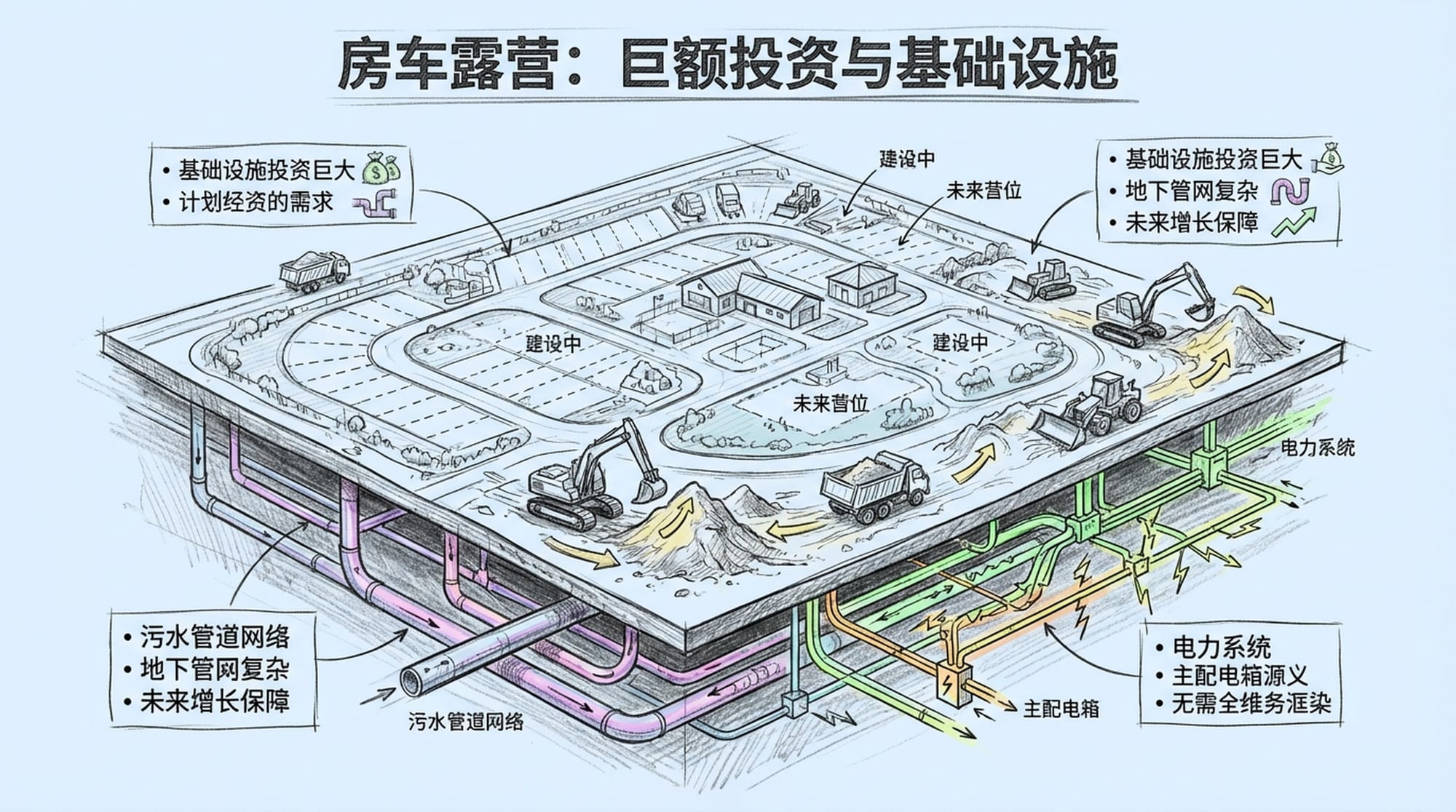 Blueprint of an RV park under construction, showing underground pipes for sewage, electrical conduits, and leveled ground. Dirt and heavy machinery visible. (English)
