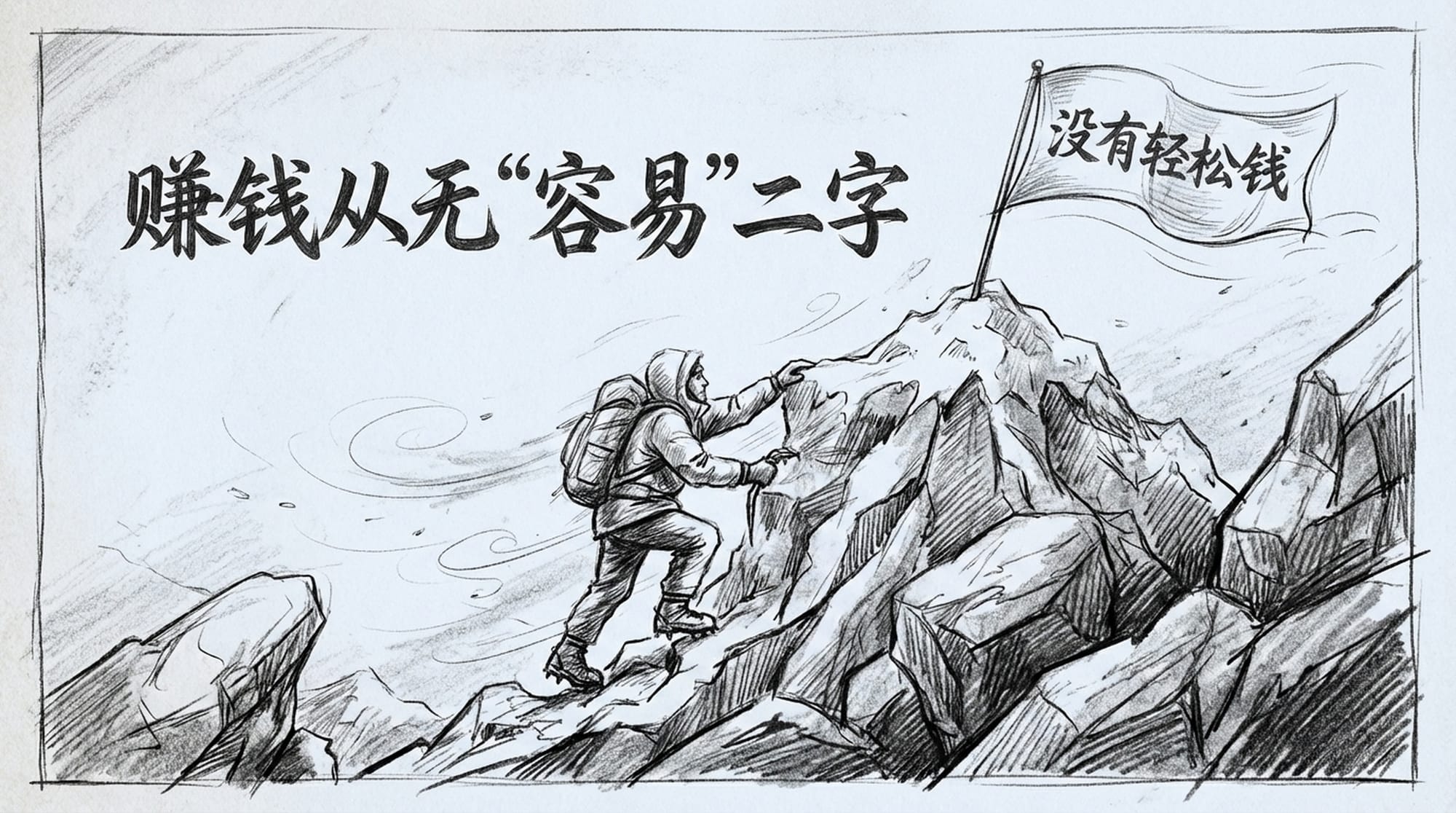 Mountain climber reaching a difficult summit, stylized text 'No Easy Money' on a flag. Rocky, challenging terrain. (English)