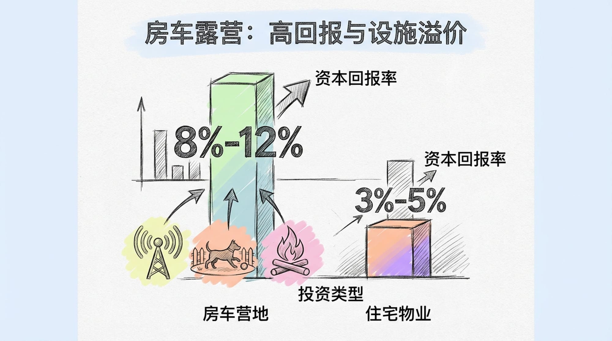Infographic showing Cap Rate for RV parks compared to traditional real estate. Icons for Wi-Fi, dog park, fire pit. (English)