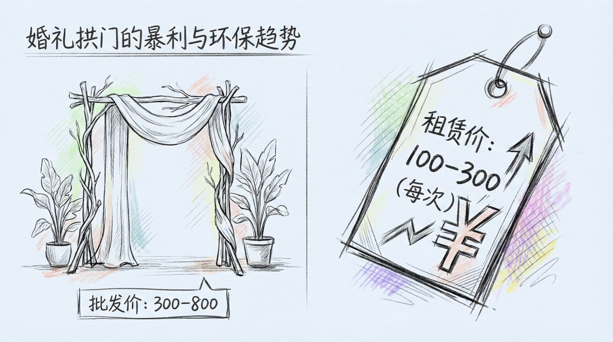 Split screen: left shows a simple, modern wedding arch; right shows a price tag with high rental fees. Eco-friendly materials foreground. (English)