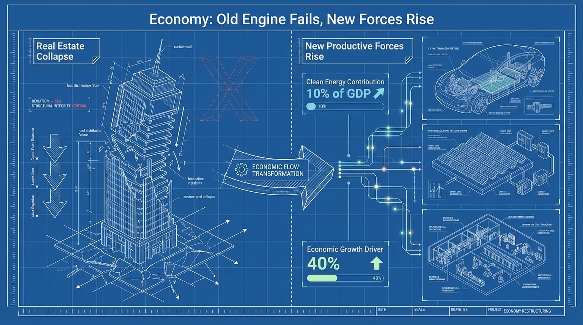 Infographic showing a collapsing skyscraper (representing real estate) morphing into a vibrant, interconnected grid of electric vehicles, solar panels, and battery factories (representing new productive forces). Arrows indicate economic shift.