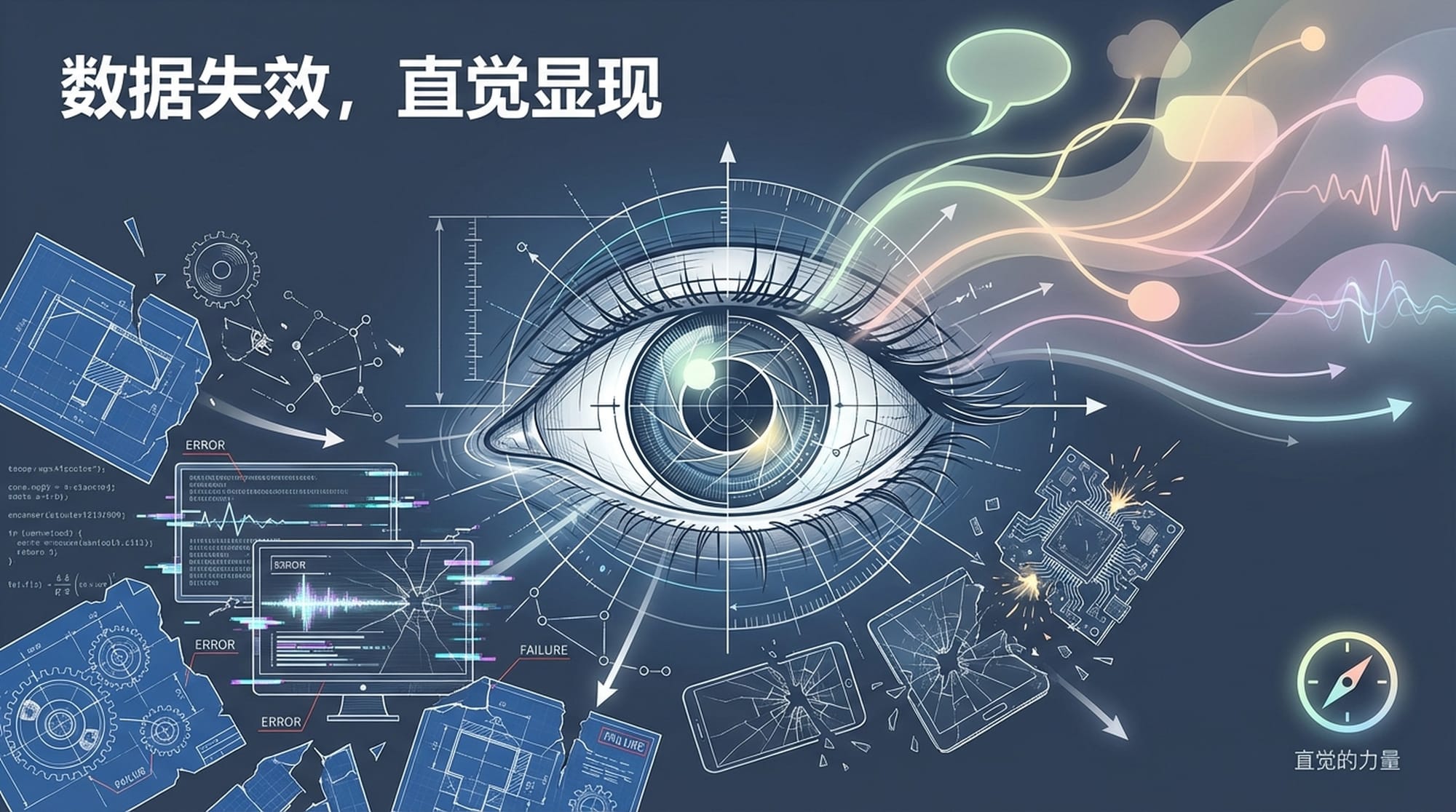 扭曲的数据图表与清晰的人眼特写对比,强调当数据与直觉冲突时,直觉的优先级。背景是破裂的电子屏幕。