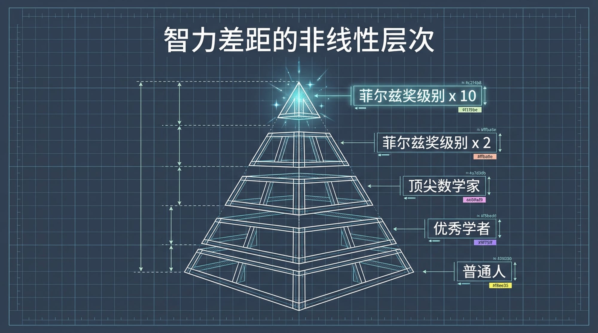 一个多层金字塔,每一层都以不同的颜色代表不同的智力水平,层级之间间隔巨大,强调非线性差异。顶端是闪耀的“超级天才”。