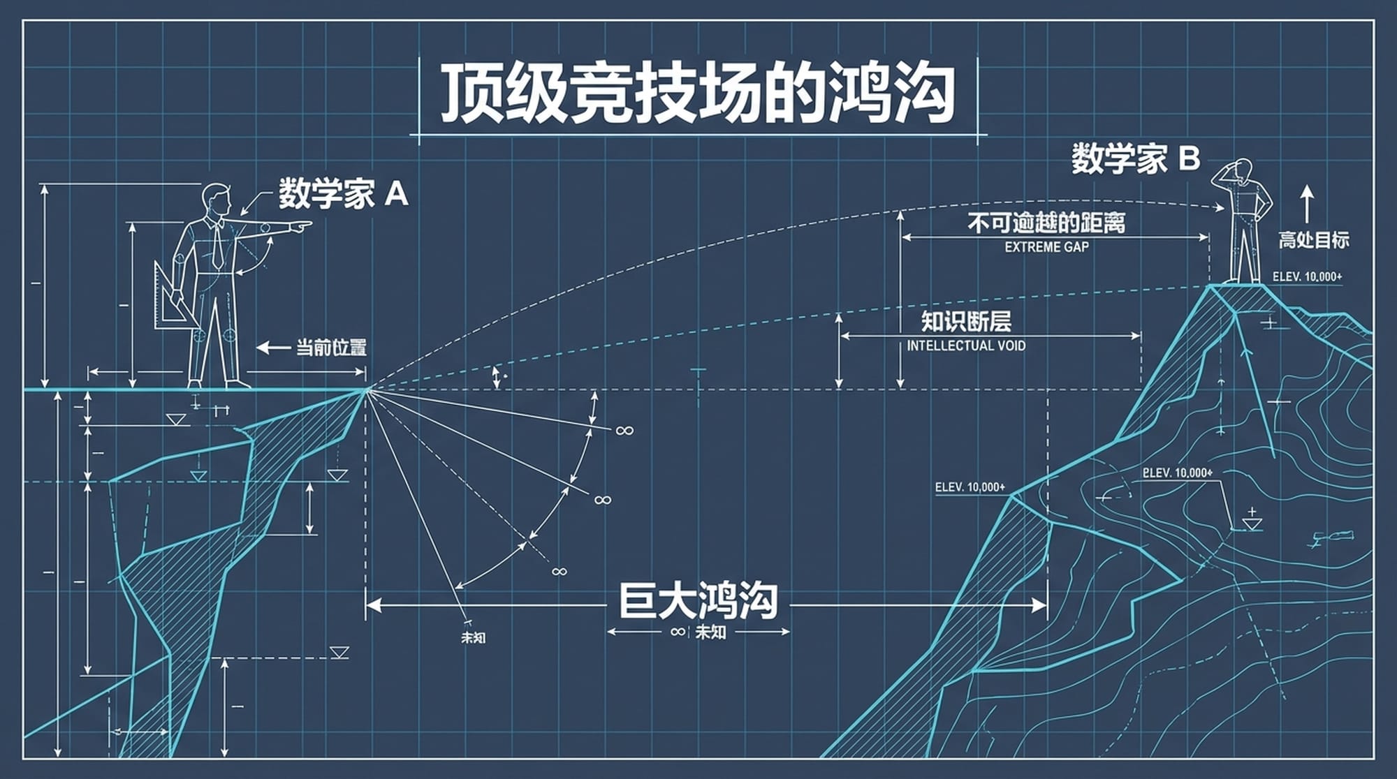 两位数学家形象,一个站在悬崖边,另一个在更远的山顶,中间是无法逾越的巨大鸿沟,象征智力上的巨大差距。