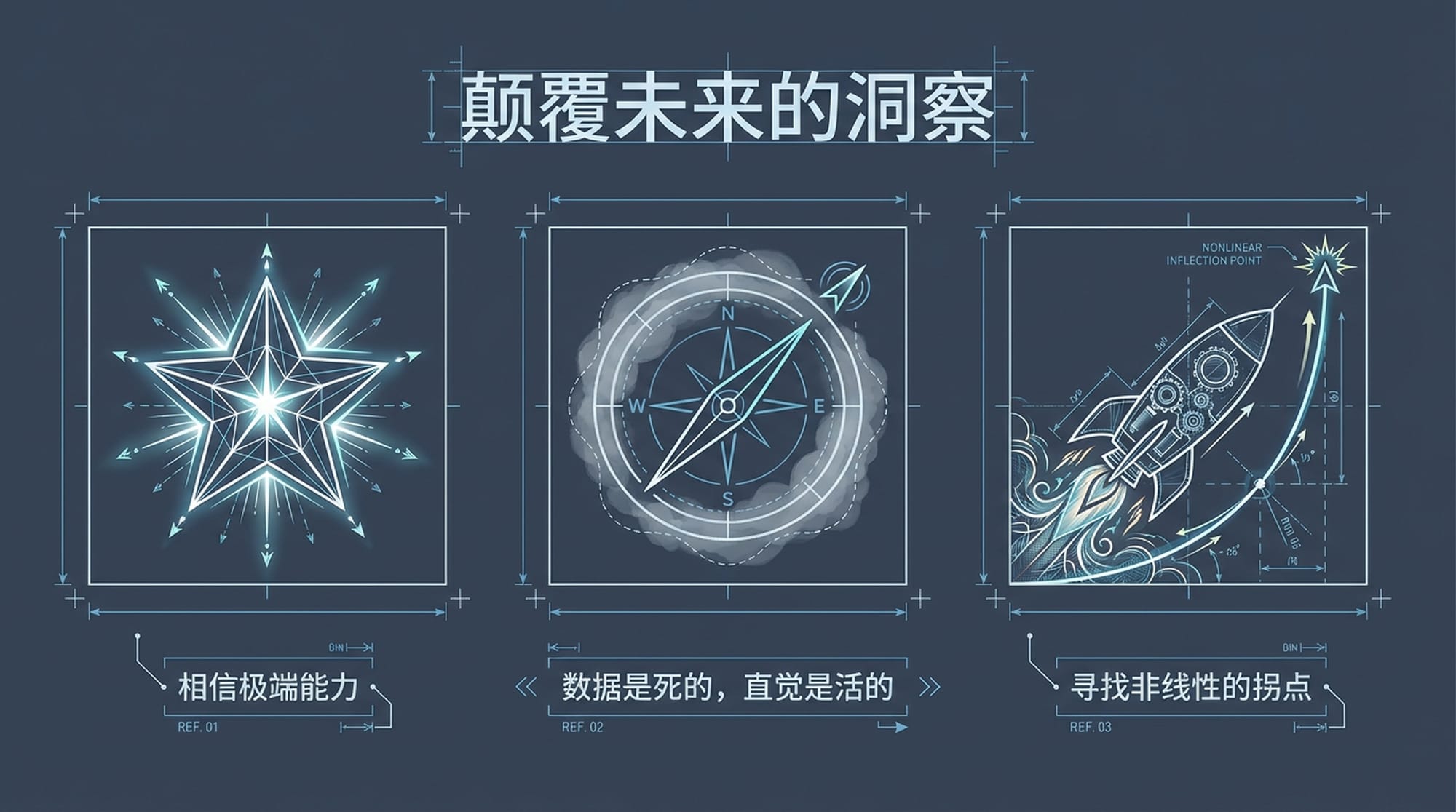 三个动态图标:一个闪耀的“天赋之星”代表极端能力;一个在迷雾中指引方向的“指南针”代表直觉;一个在陡峭曲线上达到顶点的“火箭”代表非线性拐点。