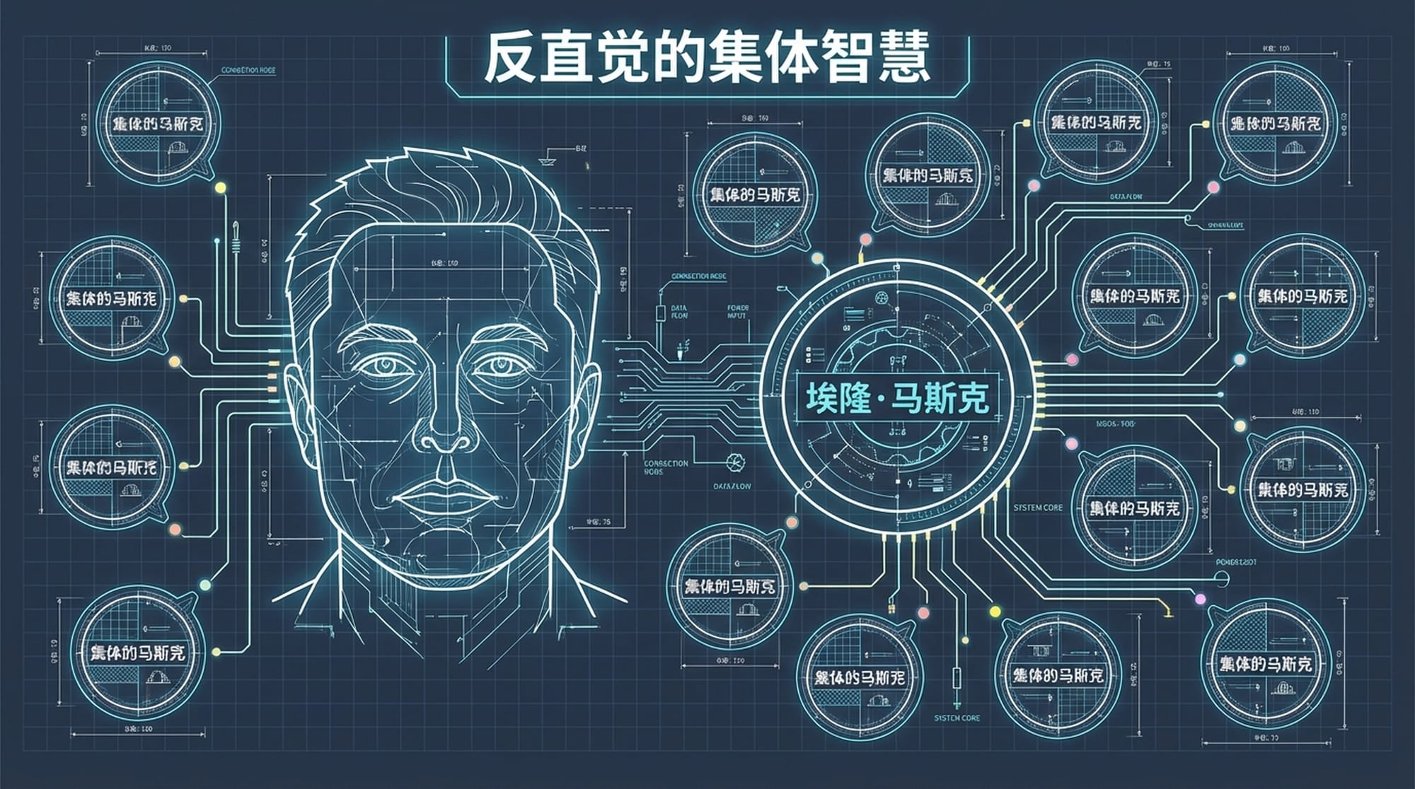 肖恩·马奎尔的抽象肖像,背景是多个思想泡泡,其中一个巨大的泡泡中央是“埃隆·马斯克”,周围环绕着20个较小的、紧密相连的泡泡,代表“集体的马斯克”。