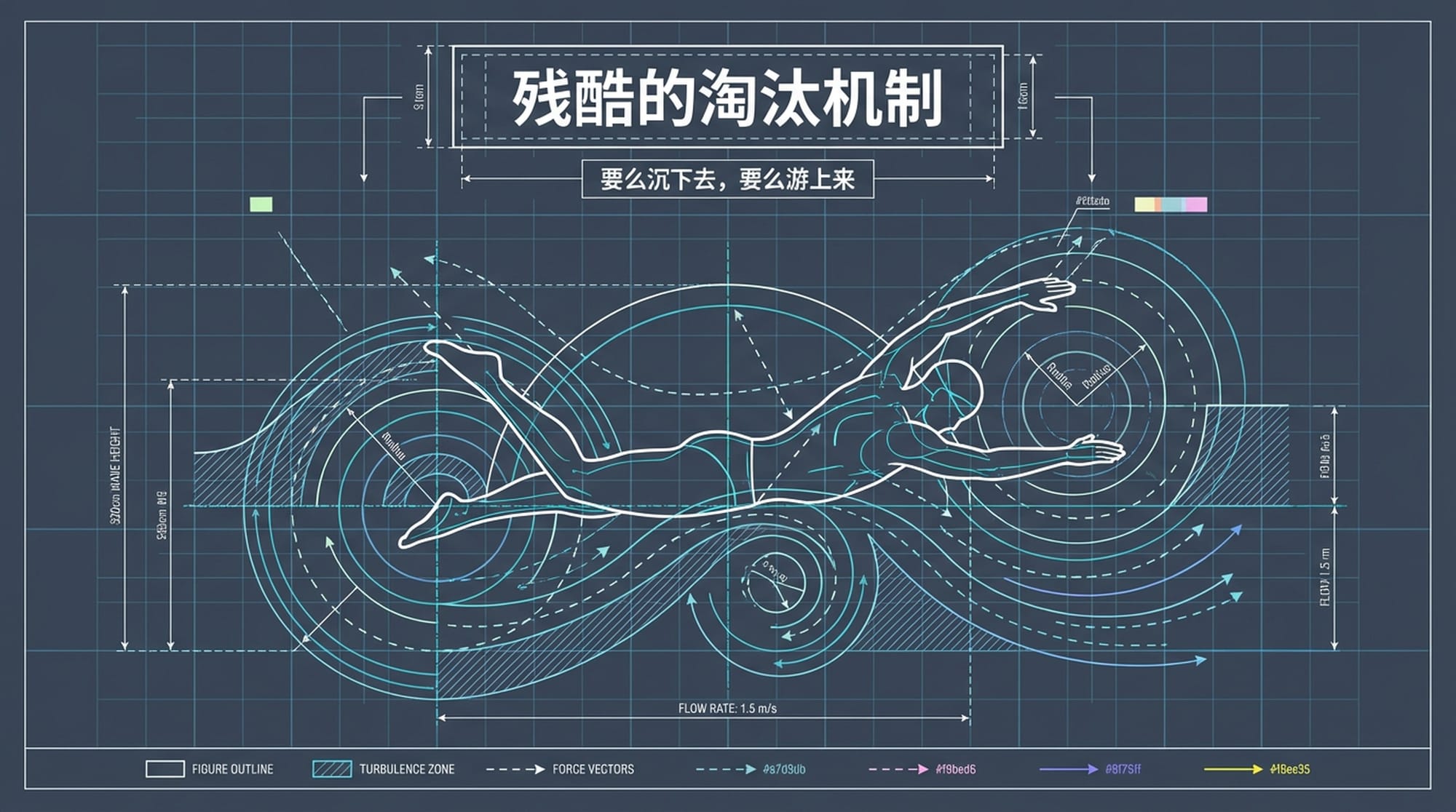 在充满挑战的极限环境中,一个人物形象在艰难游泳,背景是汹涌的波涛和“要么沉下去,要么游上来”的标语。强调弱肉强食。