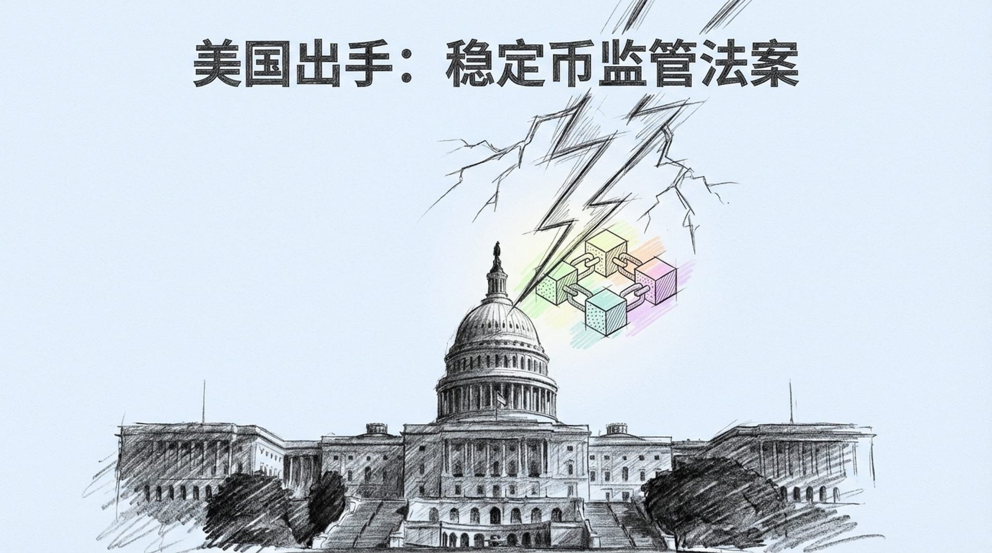 美国国会大厦的剪影,上方一道闪电划破天际