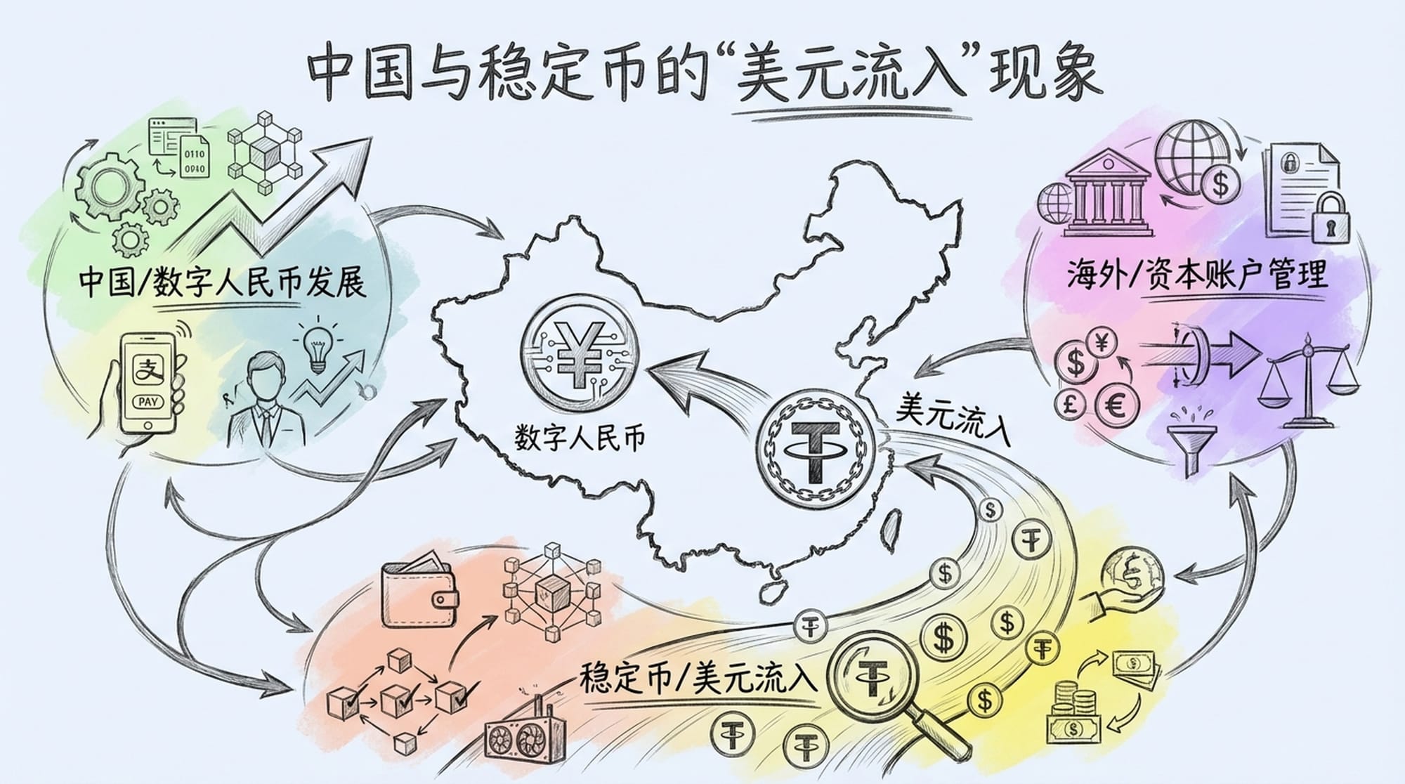 中国地图上,数字人民币符号与稳定币符号并存