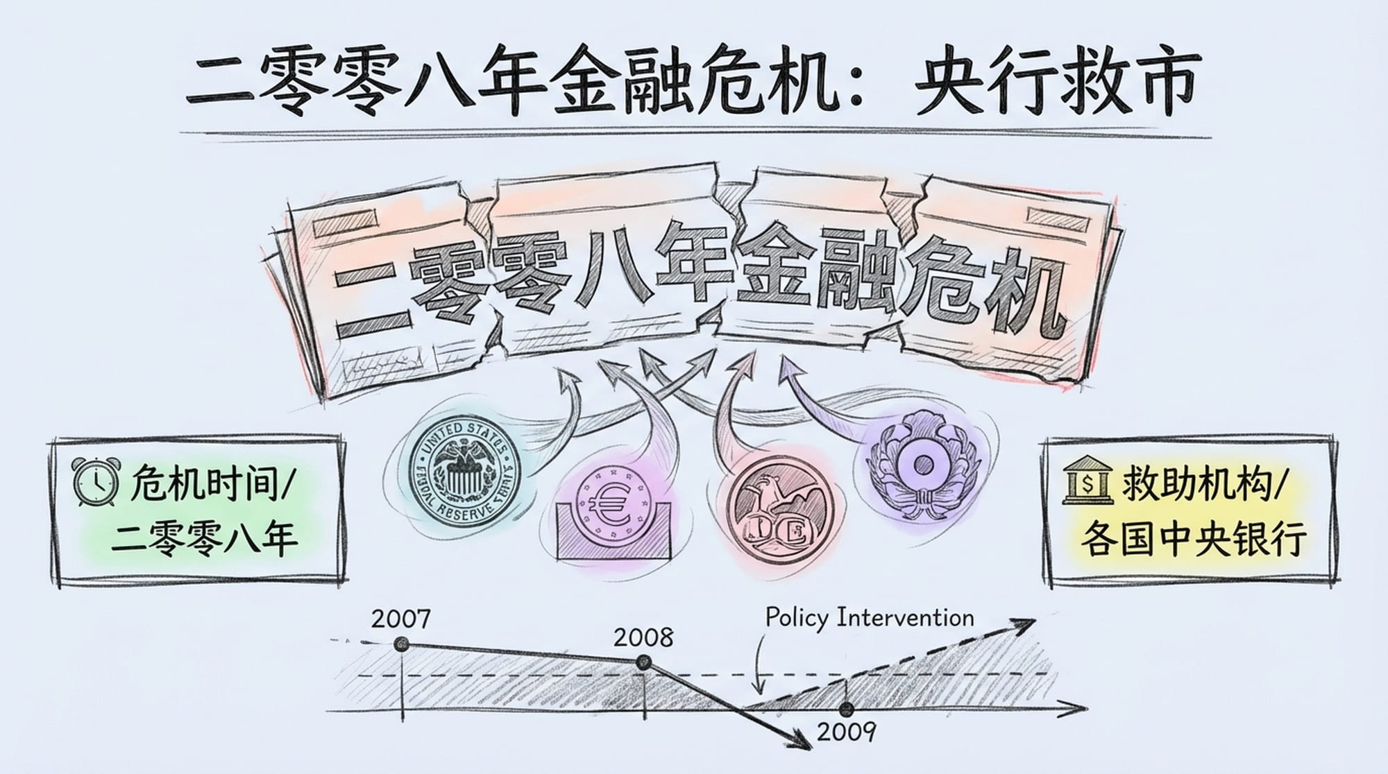 2008年金融危机的报纸头条,旁边是各国中央银行的标志