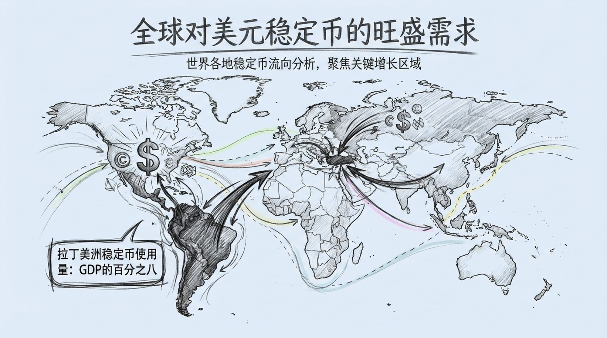 全球地图上,美元符号与稳定币符号交织流动