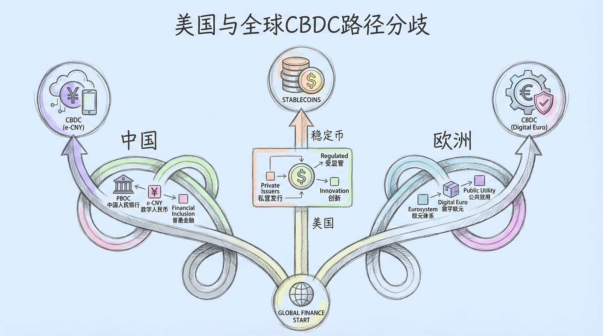 三条道路,分别代表美国、欧洲和中国