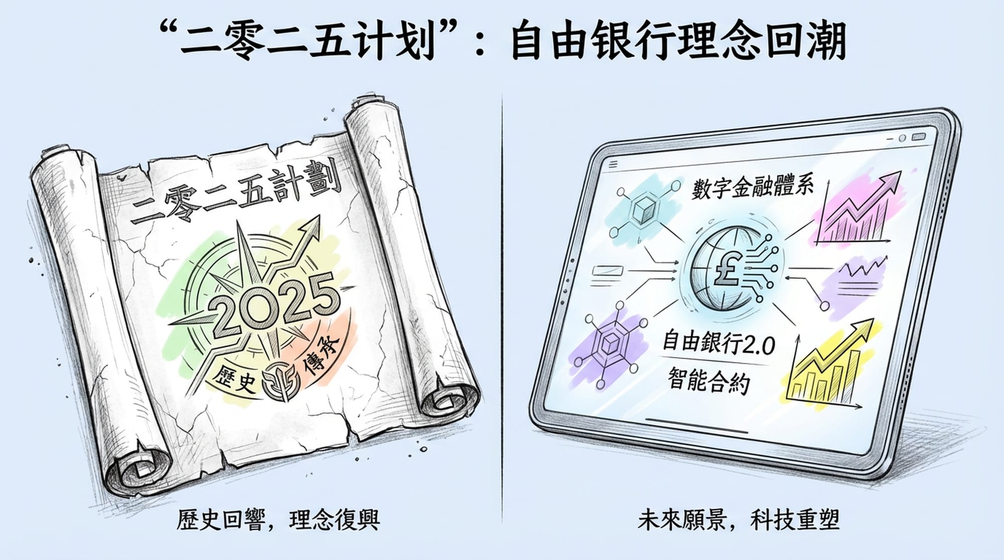 一份古老的卷轴和一张未来科技平板电脑并置