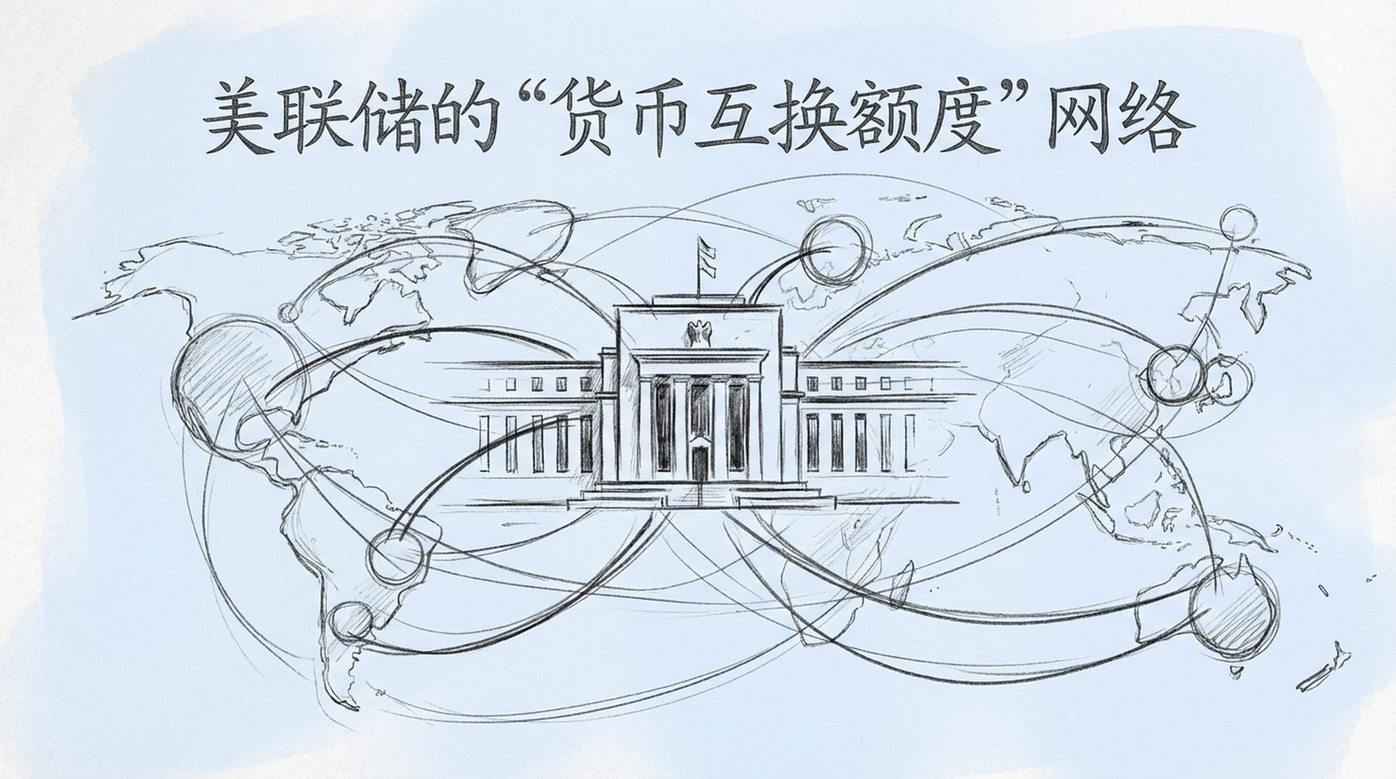 美联储大楼上方伸出多条光线,连接着全球不同国家的中央银行