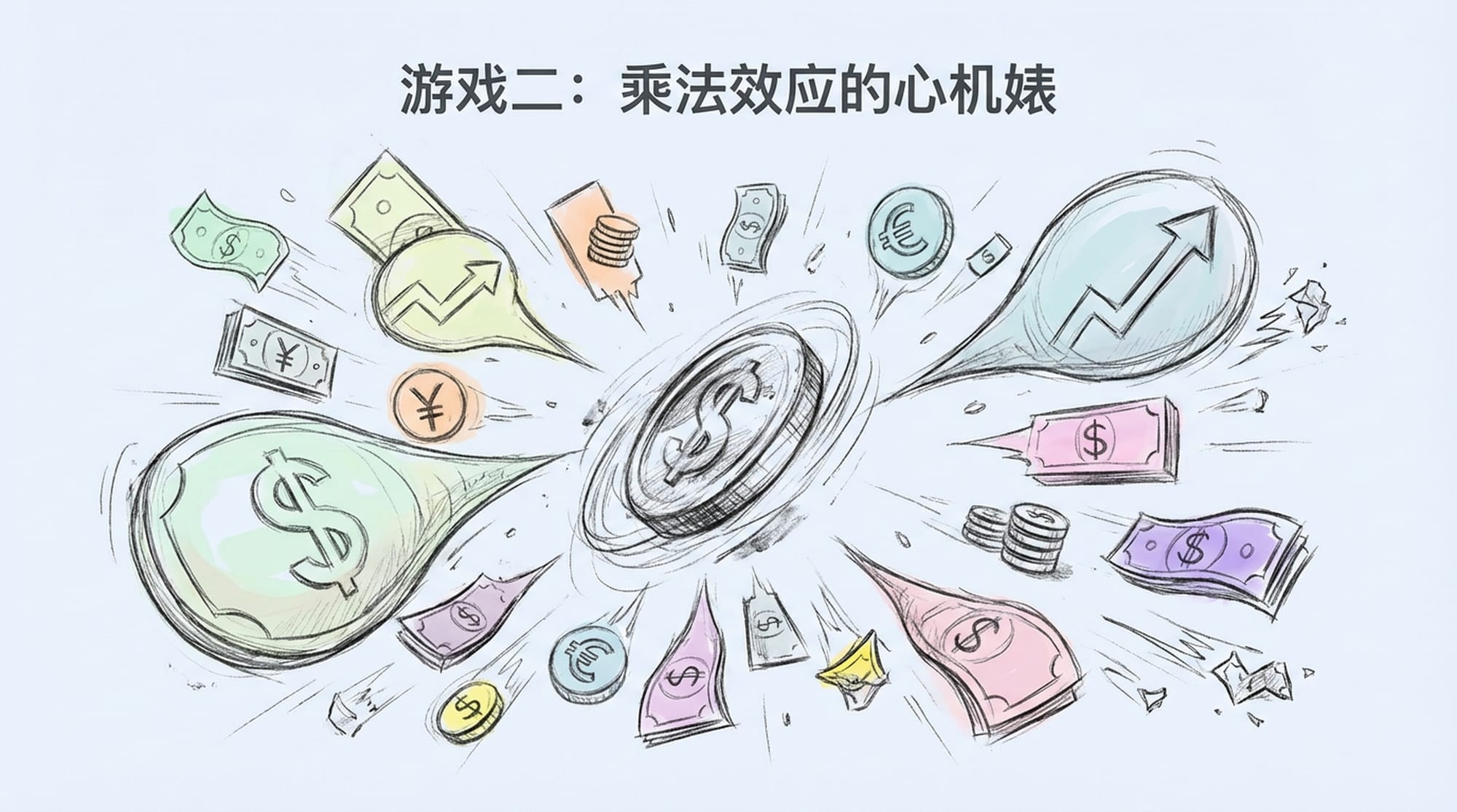 A single coin spinning wildly, multiplying money icon changing rapidly, showing extreme gains and losses. Unstable, volatile. (Chinese)