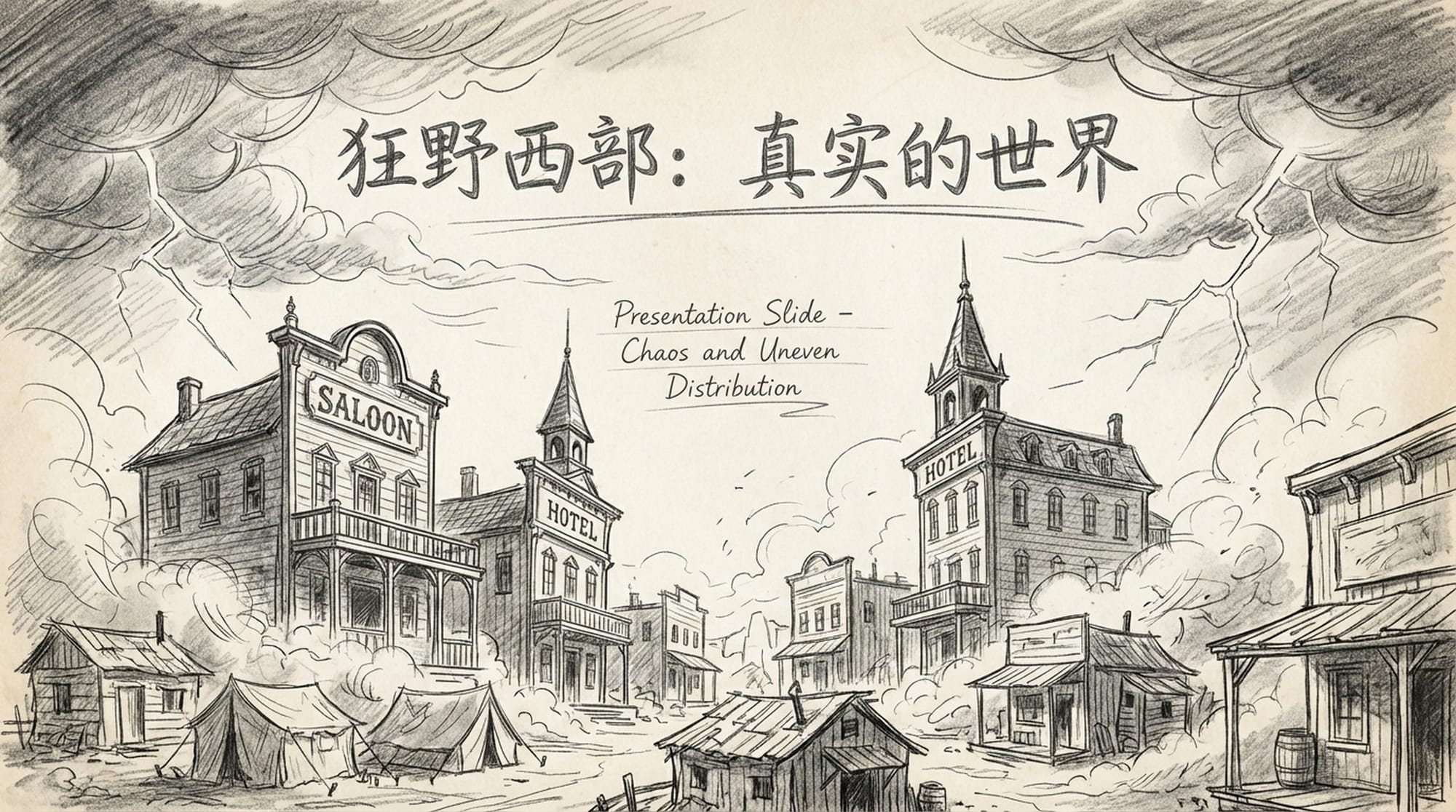 Dynamic, chaotic landscape resembling a "wild west" town under a storm, with stark contrasts between a few grand structures and many small ones. (Chinese)