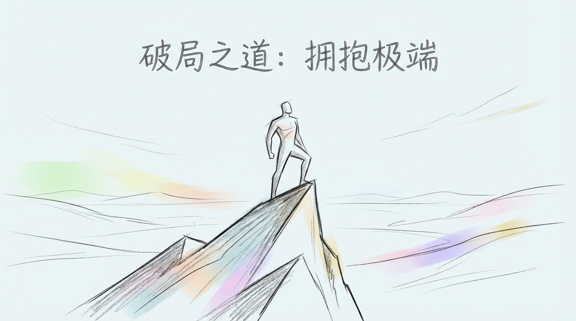 A lone figure standing confidently on a jagged, unique mountain peak, looking at a vast, open landscape beyond. Empowering. (Chinese)