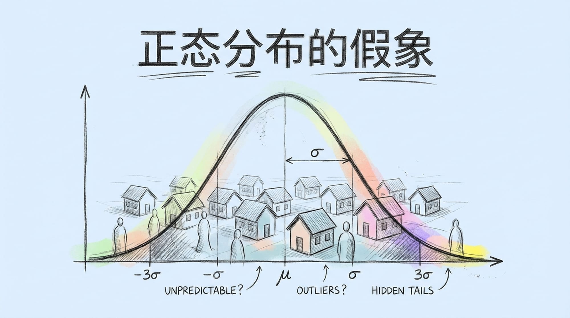 Bell curve graph superimposed on a serene village scene with uniformly distributed houses and people. Calm, misleading. (Chinese)
