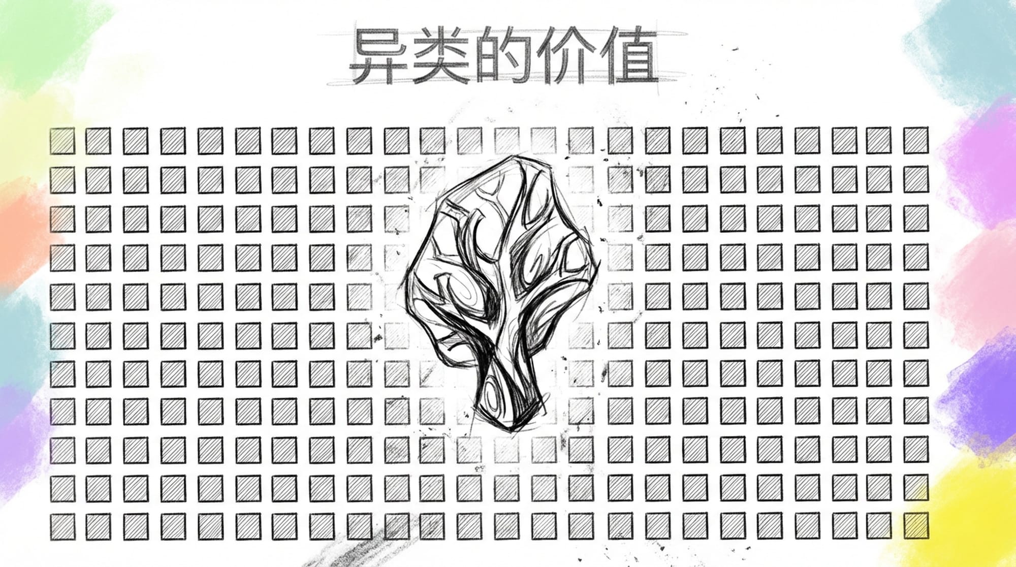 Spotlight on a single, uniquely vibrant plant in a vast, uniform field. Emphasizing the significance of outliers. (Chinese)